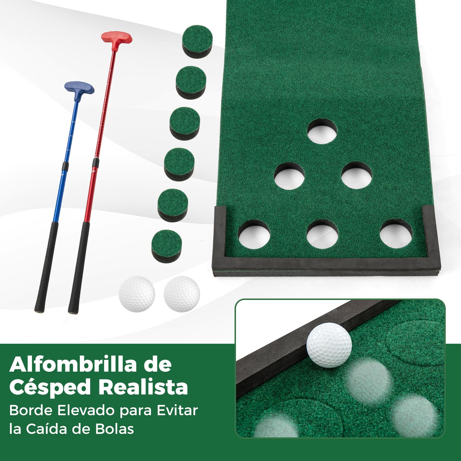 GYMAX Alfombra de Putting Práctica, Juego de Golf Mat Portátil con 2 Putters Ajustables,6 Bolas, Bolsa de Transporte para Interior, Exterior Case, Oficina, Entrenamiento Mini Golf