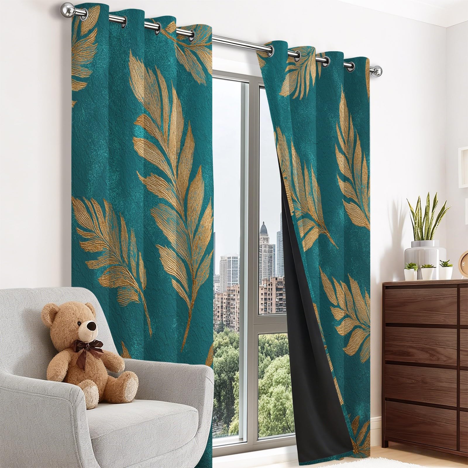 Rideaux Occultant 140L X 260H cm Lot de 2 avec Oeillets, Bleu-Vert Rideau Salon Chambre Cuisine Moderne Luxueux Décoratif Plume Rideau Thermique Isolant Anti Froid et Chaleur pour Garçon et Fille
