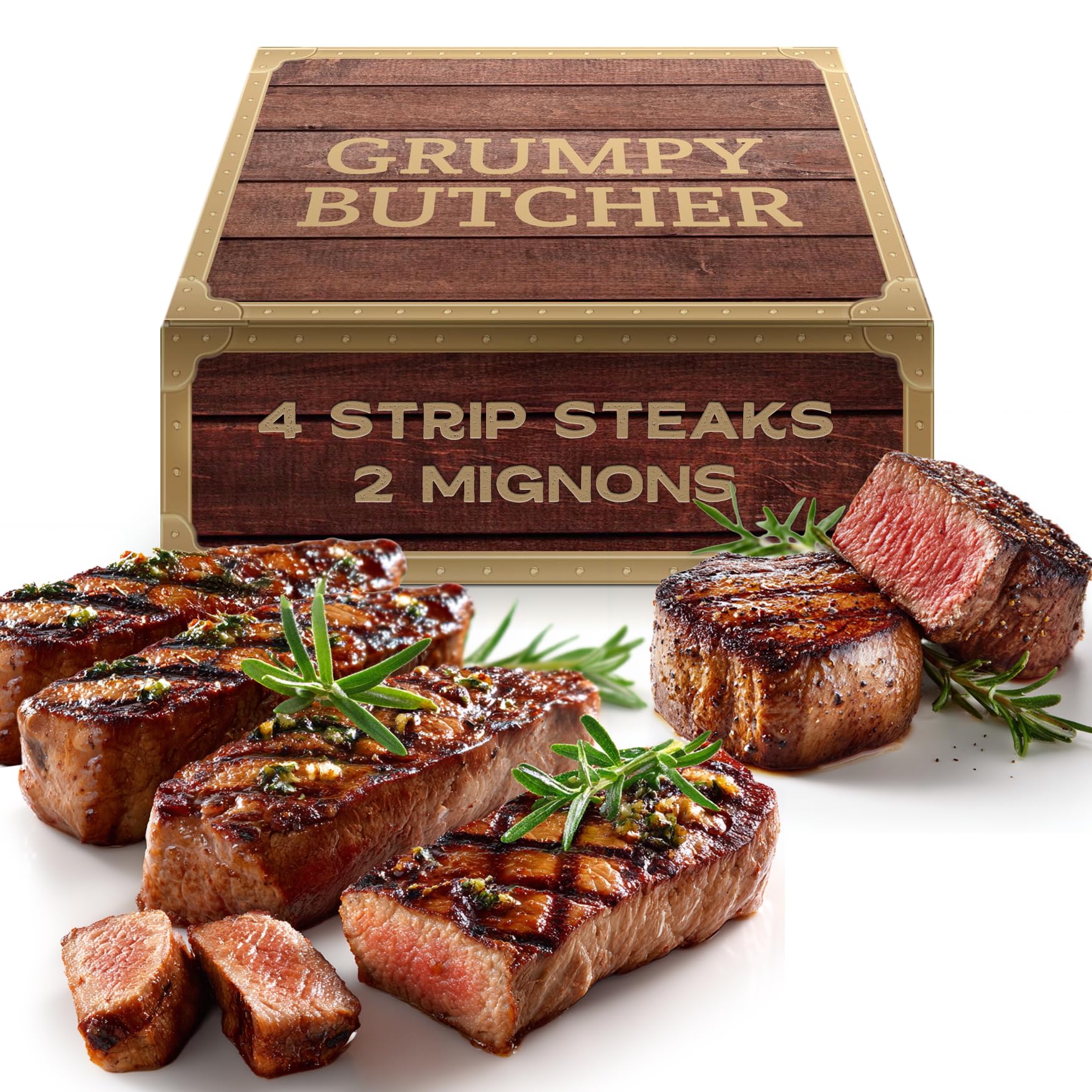 Grumpy Butcher 6 Steaks Sampler Set Gift Box: 2 Large Filet Mignon Steak & 4 New York Strip Steaks - Prime Steakhouse Quality - Gourmet Food Gifts Packages Specials Carne Asada