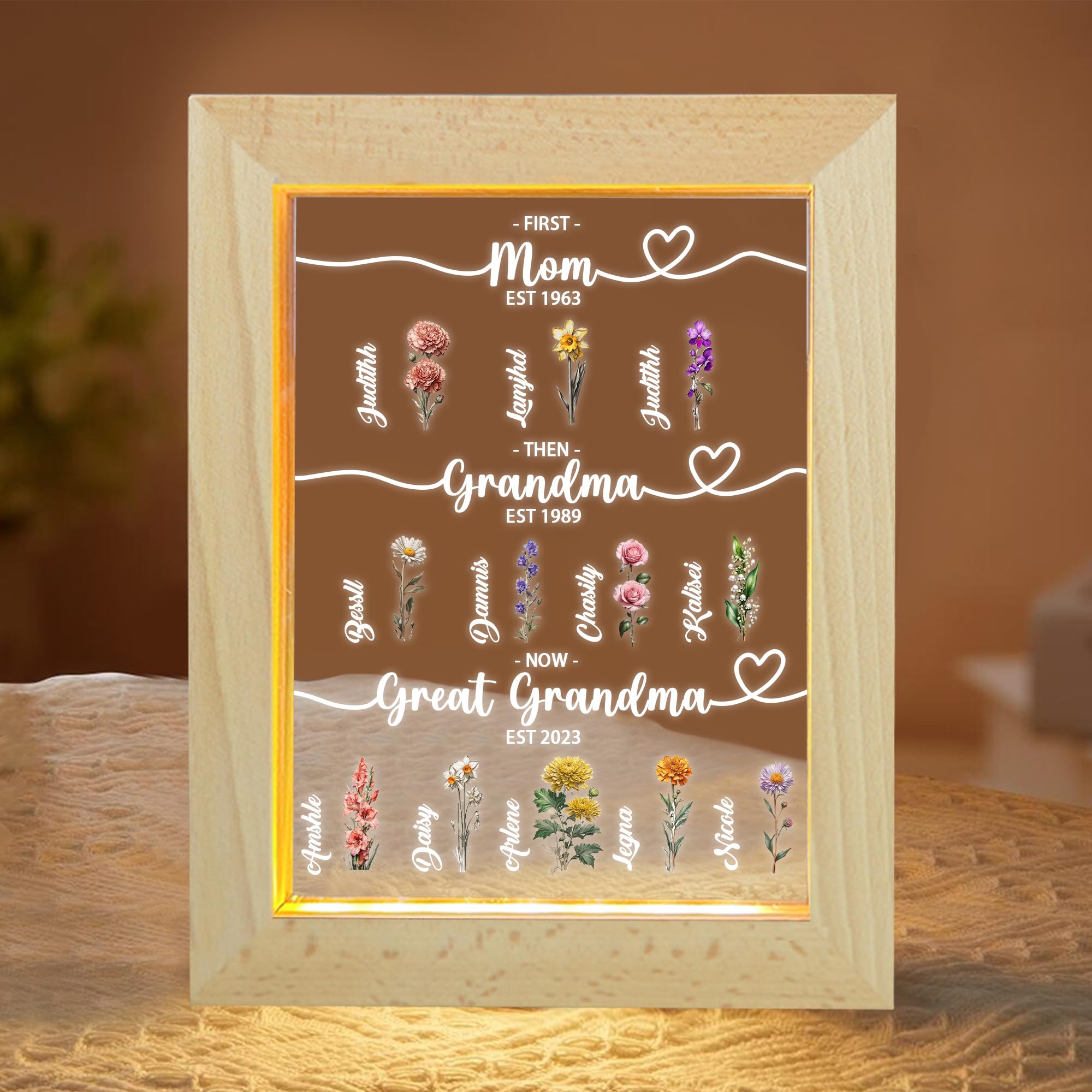 BFHEFGSUU Personalised Frist Mom Then Grandma New Great Grandma Night Light Custom 1-10 Names Birth Month Flower Grandma's Garden Sign Family Acrylic Lamp Gift for Grandma Mothers Day (Style 20)