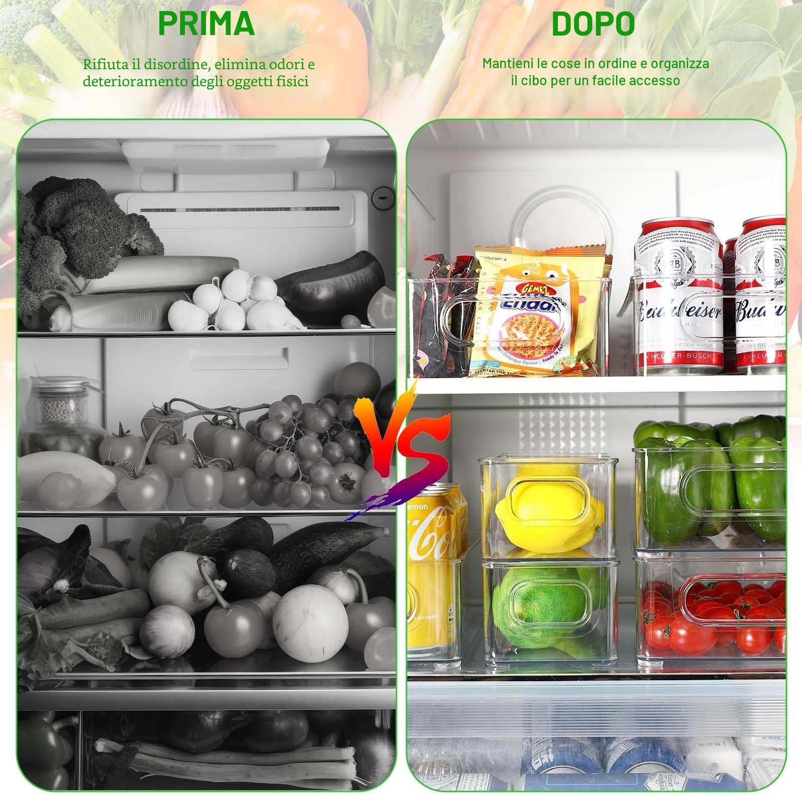 Royouzi Organizer per Frigorifero 10Pcs, 2 Taglie Impilabili con Maniglia per Cucina Armadietti Bagno