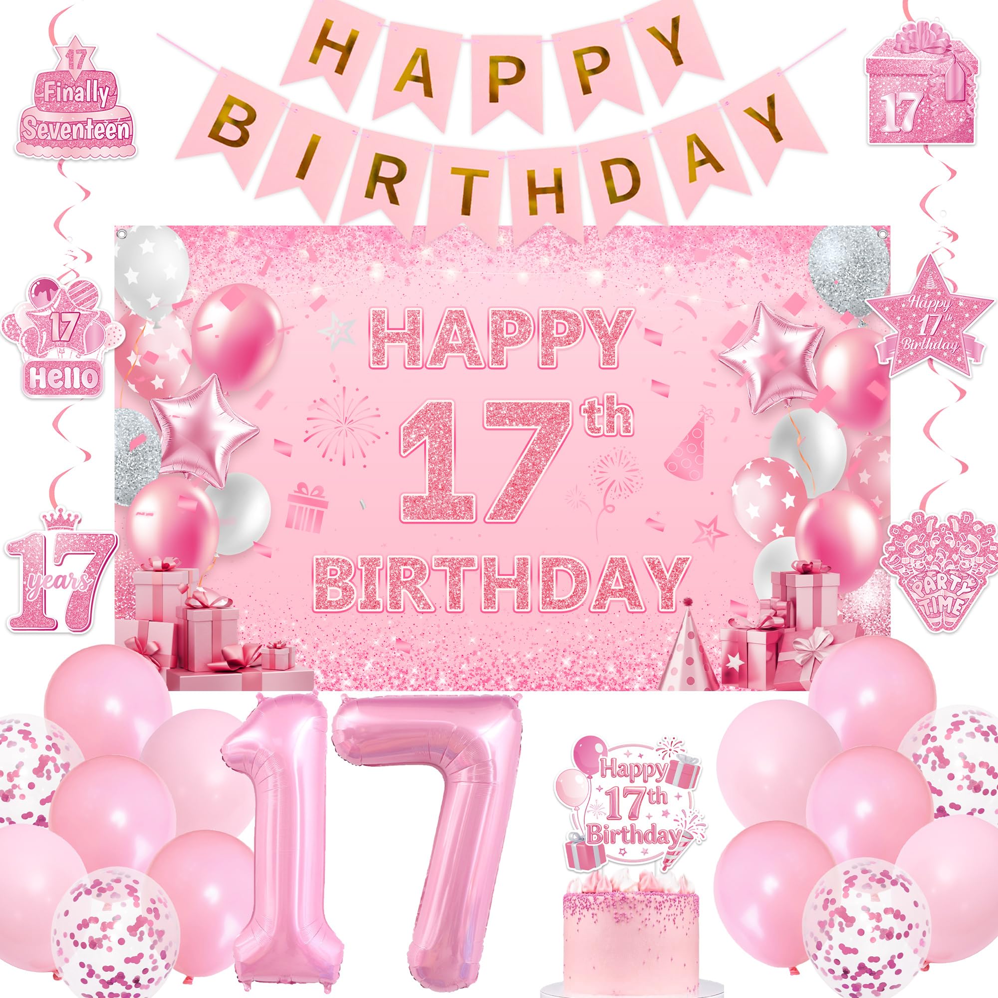 17th Birthday Backdrop Decorations for Girls - Pink Happy Birthday Banner Cake Topper Background Signs, Number 17 Balloon Party Decoration for 17 Years Old Girl Bday Supplies
