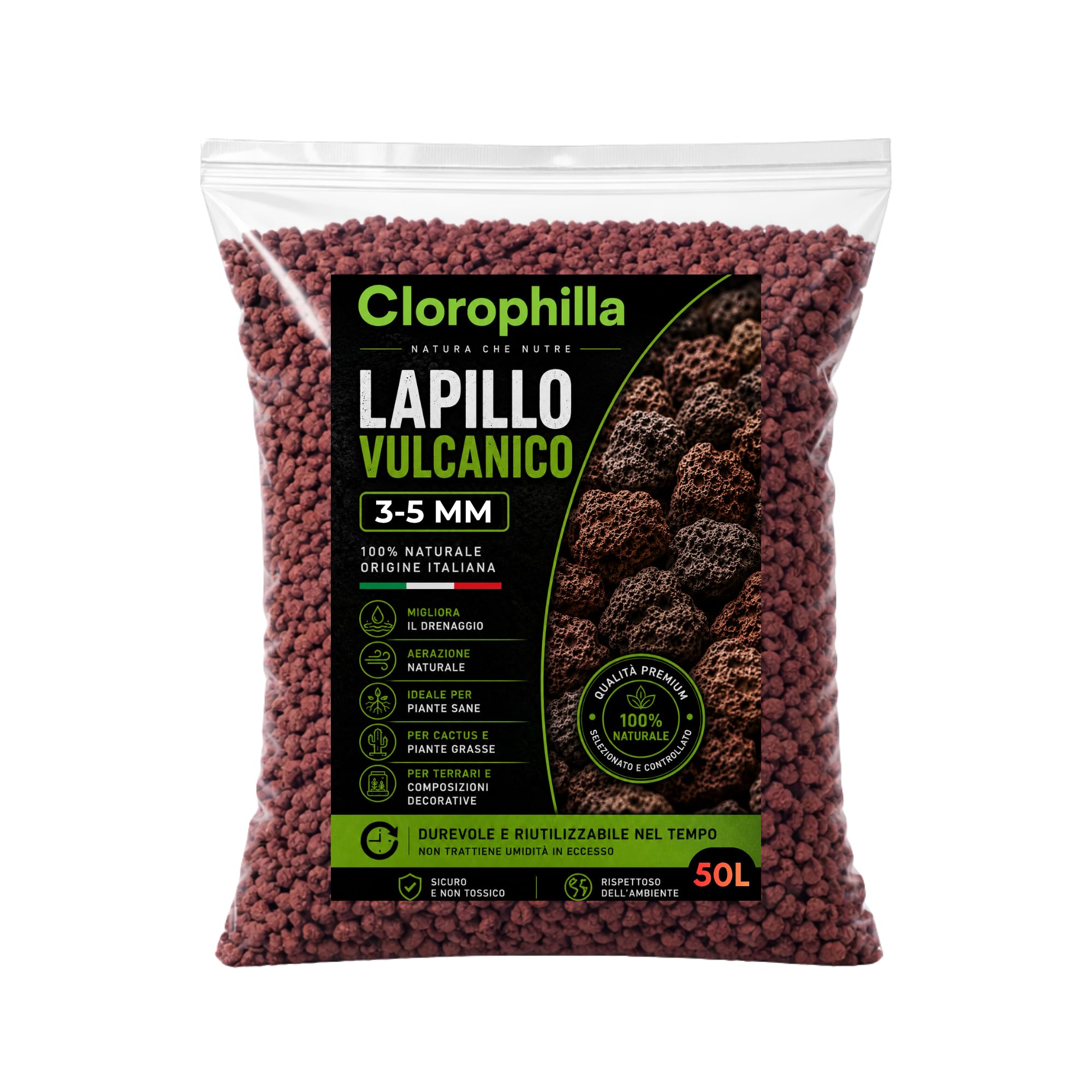 CLOROPHILLA Vulkanischer Lapillo für Pflanzen, 3/5 mm, verbessert Drainage und Zusammensetzung des Substrats, ideal für Bonsai, Sukkulenten und Garten – Made in Italy (50 Liter)