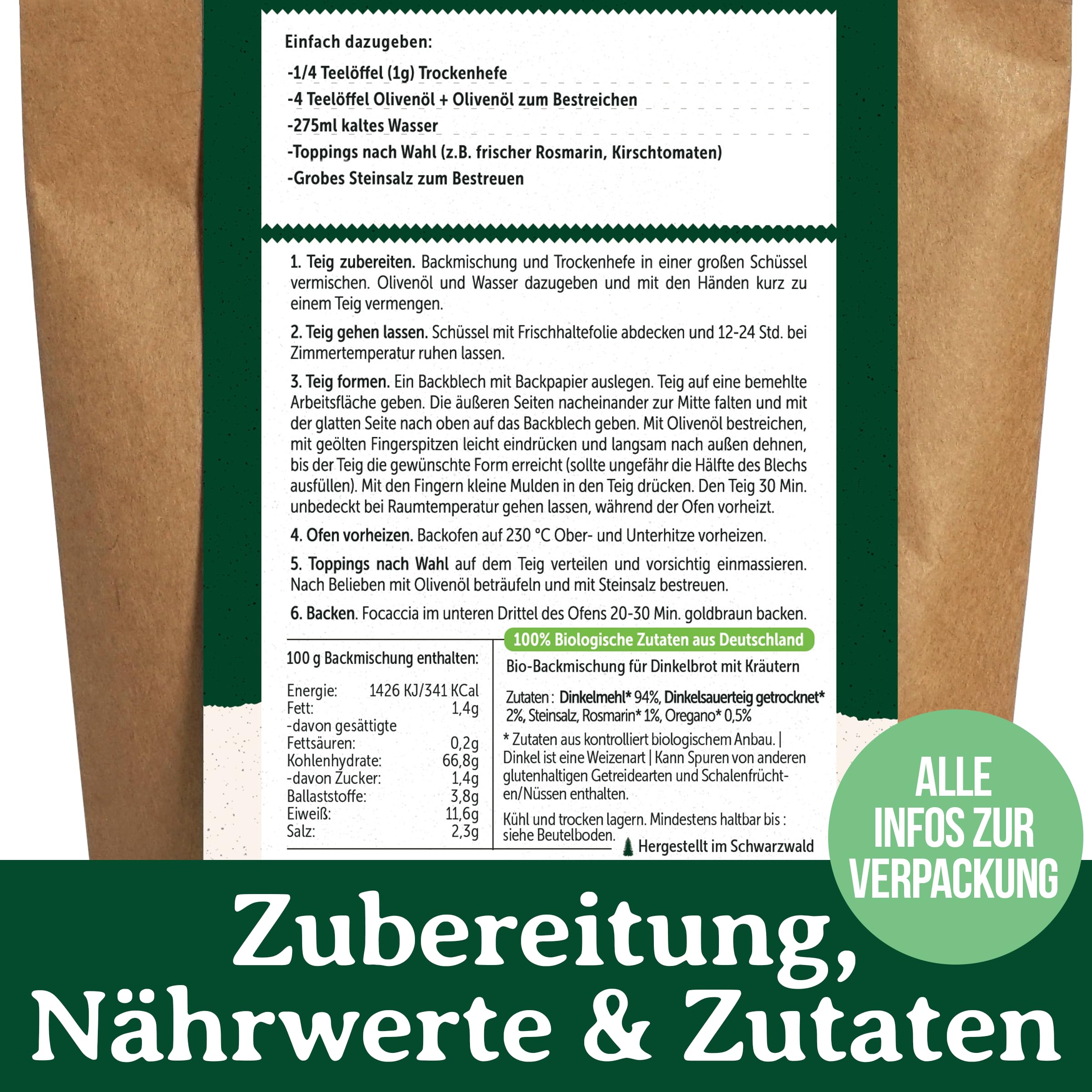 Bio Dinkel Focaccia Backmischung – mit 100 % Dinkelmehl, Dinkelsauerteig & italienischen Kräutern – fast ohne Hefe – Fladenbrot für den Ofen – Bake with Love – 10er Pack