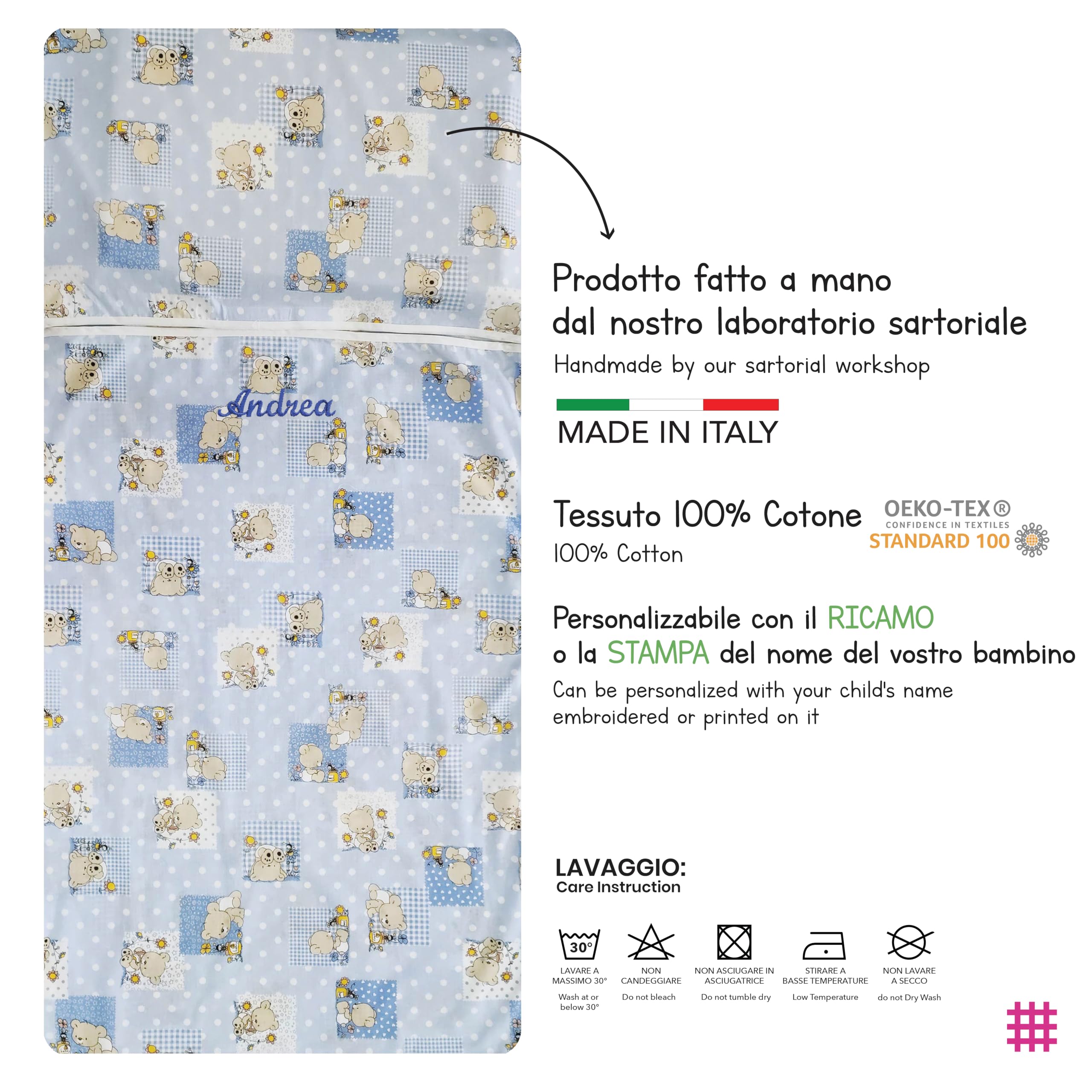 Panini Tessuti Haftowany letni śpiwór dla niemowląt w wieku 2-6 lat - 100% tkanina bawełniana - wyprodukowano we Włoszech (śpiwór niedźwiedź i niebieskie pszczoły)