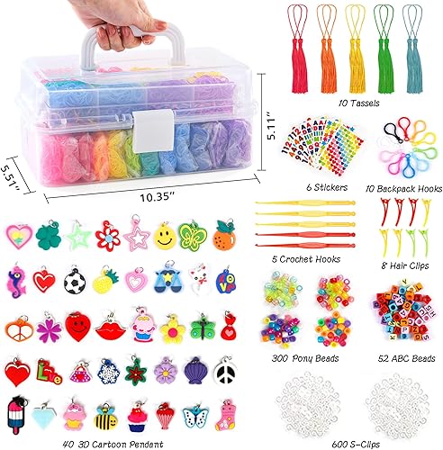 Miniatura 2 de Inscraft Más de 17500 bandas de goma con contenedor transparente de 3 capas, 28 colores, 600 clips en S, 352 cuentas, 40 colgantes de dibujos