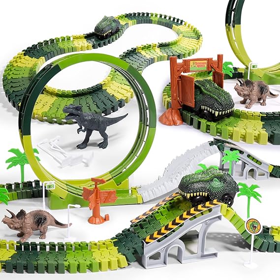 RISUNTOY Dinosaur Toys Train Set,173 Pieces Dinosaur Flexible Race