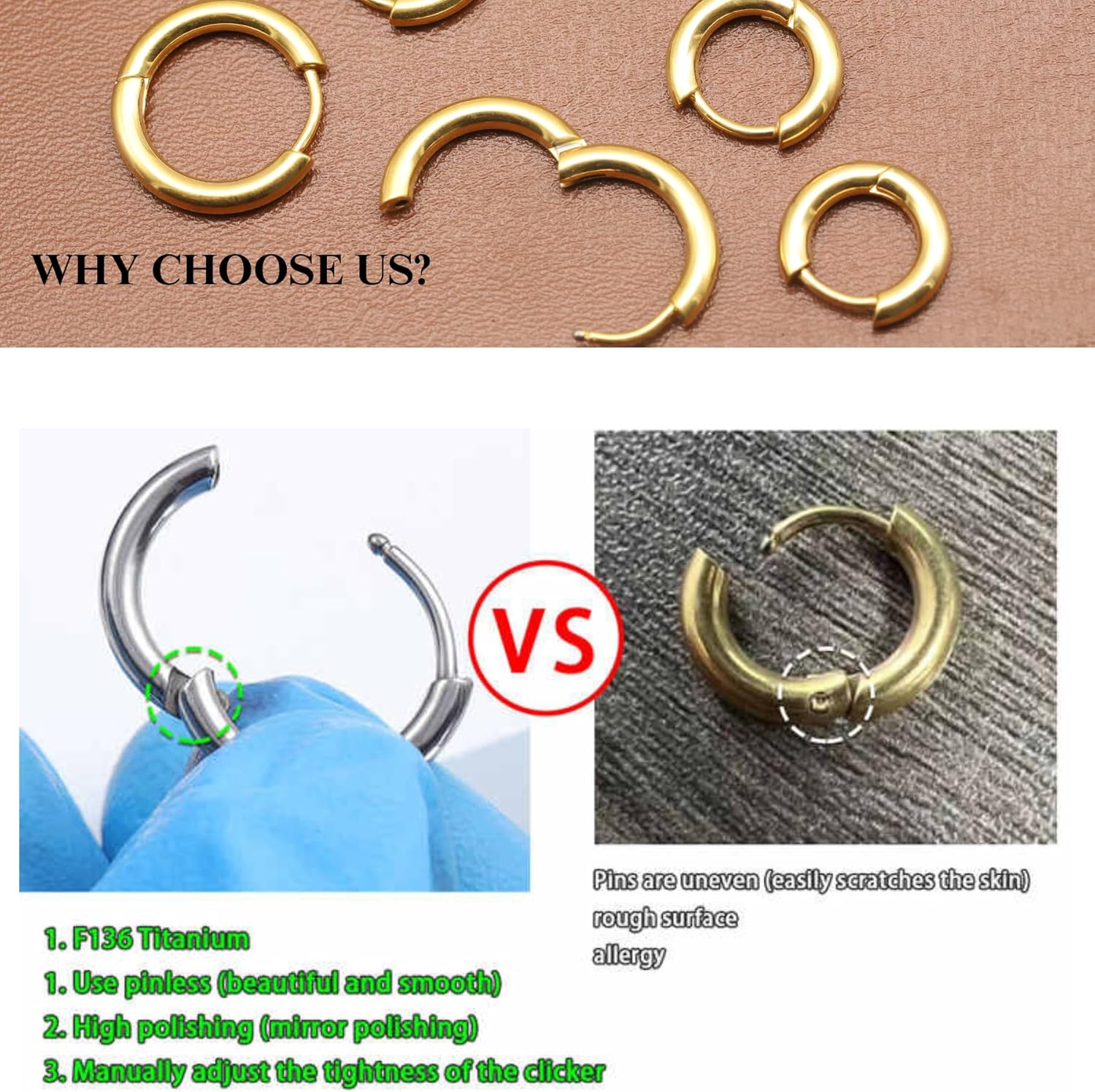 BLISI G23 Titanium Hoop Earrings, Hinged Huggie Hoop Earrings for Lobe Cartilage 8mm/10mm/12mm Hypoallergenic Lightweight Huggie Hoops Earring with 14K Gold Plated Earrings for Women Men - Image 4