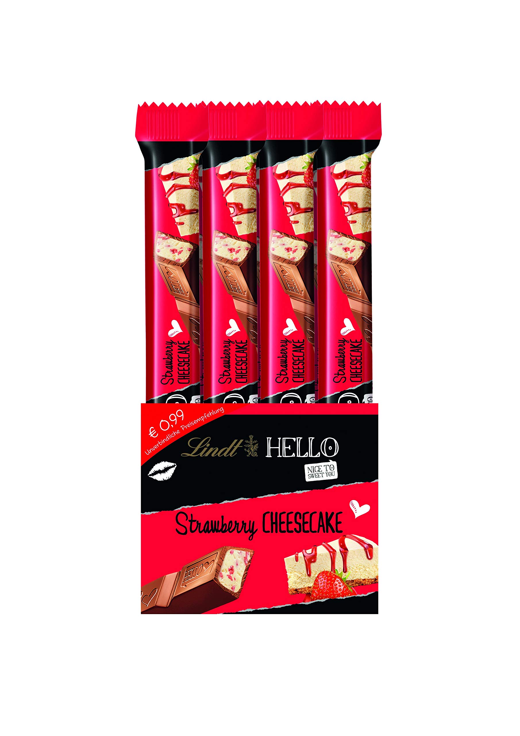 Lindt Schokolade HELLO Sticks Strawberry Cheesecake | 24 x 39 g Riegel | Vollmilch-Schokoladen Sticks mit Erdbeer-Quarkcrème-Füllung | Großpackung | Schokoladengeschenk | Schokoriegel