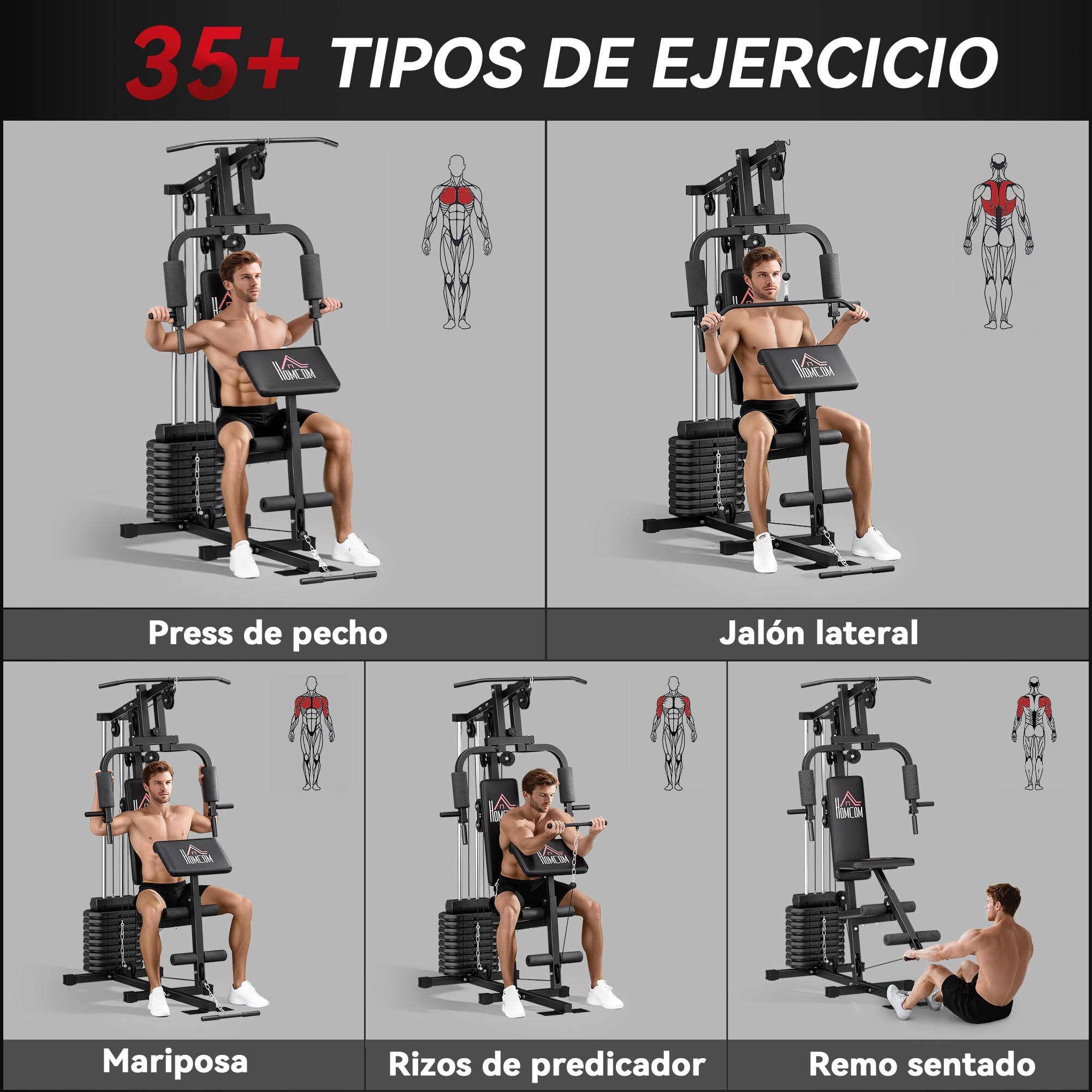 HOMCOM Multiestación Musculación, Máquina de Musculación con Prensa de Pecho, Placas de Peso de 45 kg, Curl de Piernas y Brazos, Polea Mariposa, Carga 100 kg, para Entrenamiento Casa Gimnasio, Negro