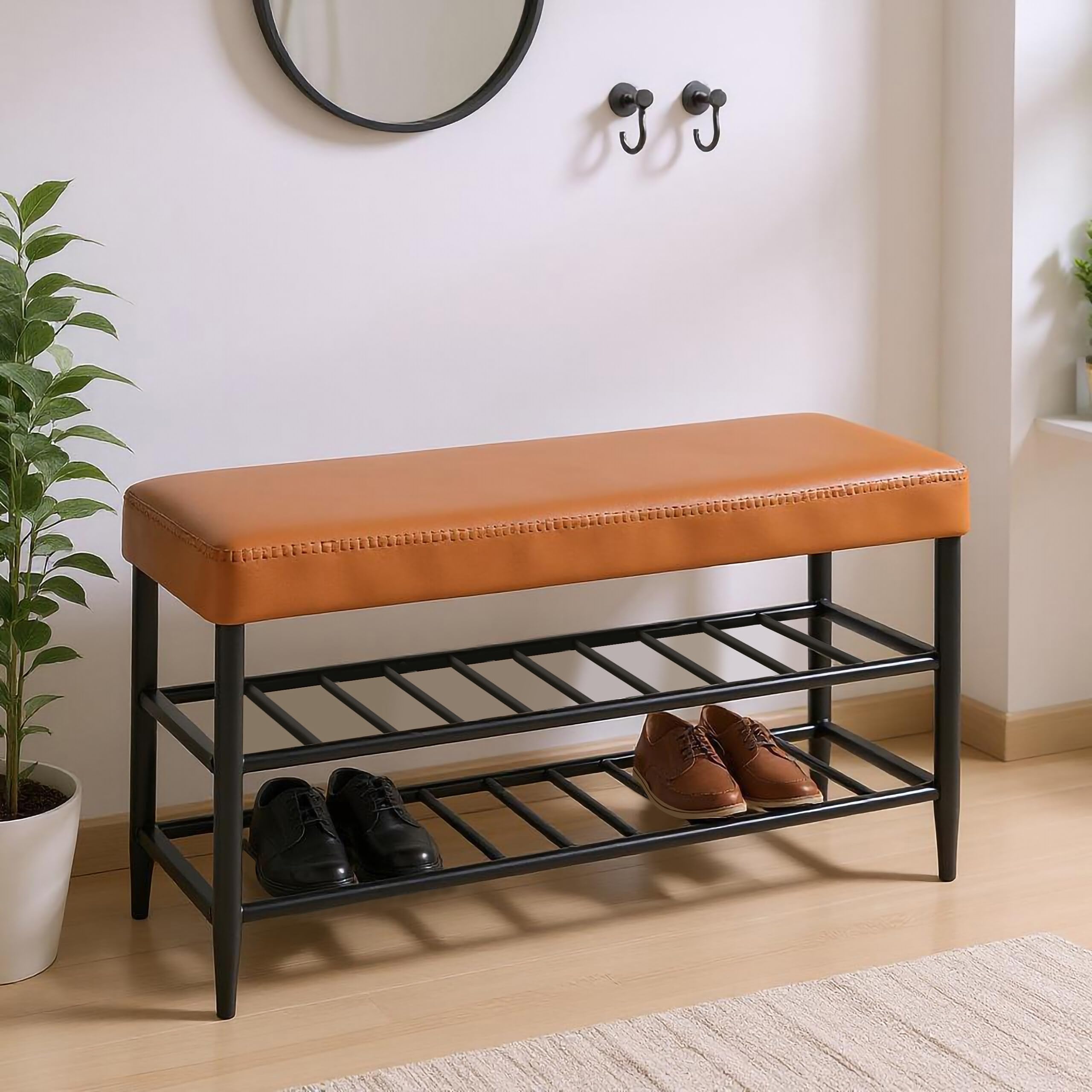 Relaxdays Ławka na buty, tapicerowane siedzisko ze sztucznej skóry, 2 półki na buty, 6 par butów, regał na buty, wys. x szer. x gł.: 50 x 80 x 30 cm, brązowa