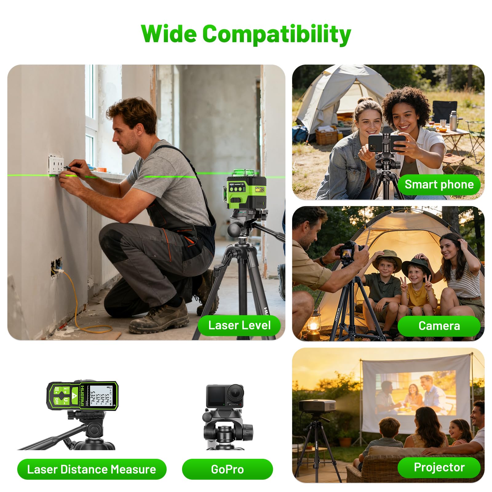 Huepar Trépied de niveau laser de 119,4 cm, trépied pour mesures de distance laser, téléphone et appareil photo, trépied professionnel en aluminium avec support de filetage de 6,35 mm, sac de