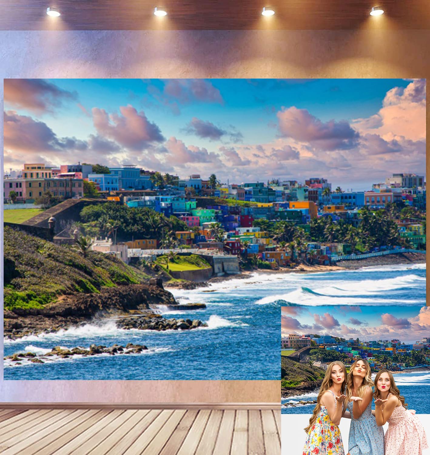 3x2.5m tło urodzinowe San Juan Coast Puerto Rico kolorowe budynki kolonialne, turkusowy ocean skalisty brzeg zachód słońca, motyw karaibski wakacje, akcesoria do studia fotograficznego