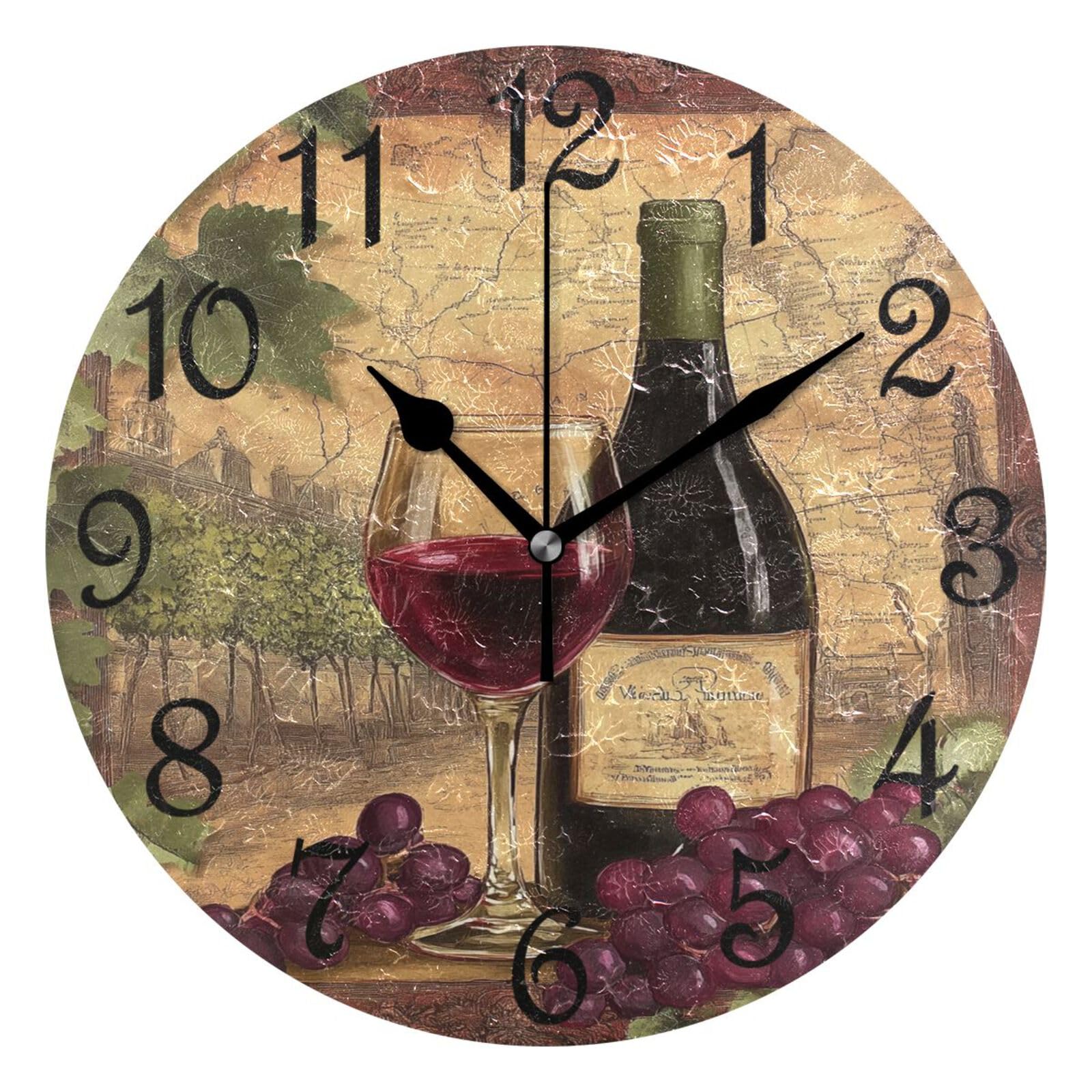 Horloge à Quartz 25cm avec motif de verre à vin rouge et feuilles de raisin pour salon