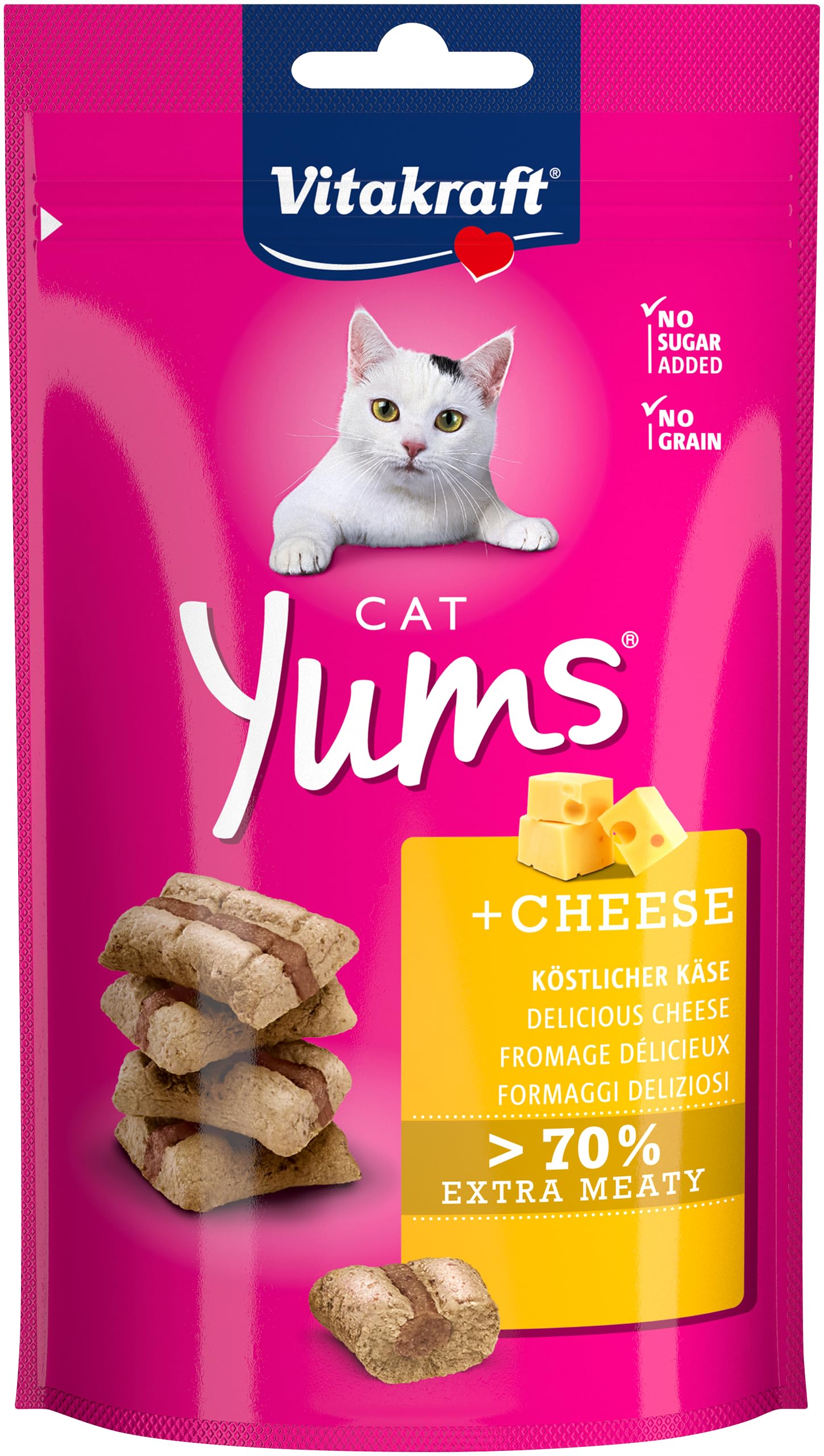 Vitakraft Cat YUMS, Katzensnack, mit Käse, extra fleischig, mit sichtbarer Füllung, im wiederverschließbaren Beutel, ohne Zusatz von Zucker und Getreide (1x 40g) (Packung mit 10)