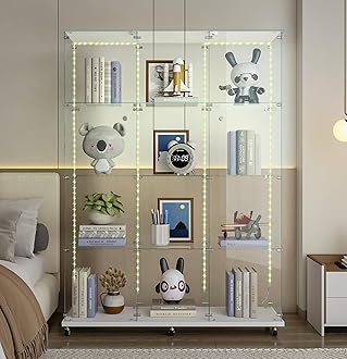 Modern Glass Display Cabinet 12-Shelf with LED Light,Lock and Wheels, 2 Door Curio Cabinets,Tempered Glass Collection Display Showcase for Living Room Home Office,46.8x13.5x64.8 H,White