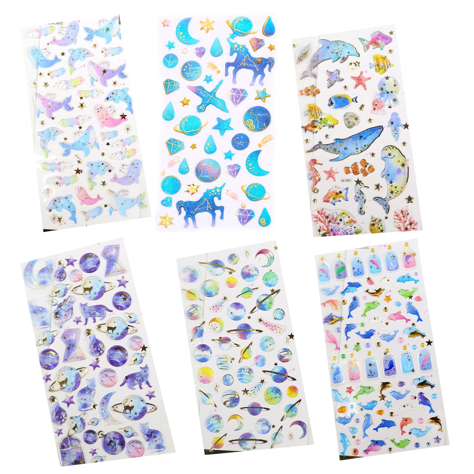 ordinarYone 6Sheets Gold Foil Embossed Sticker Clear Adhesive PVC Resin Sticker for Journal Calendar Planner Scrapbooking Decoration