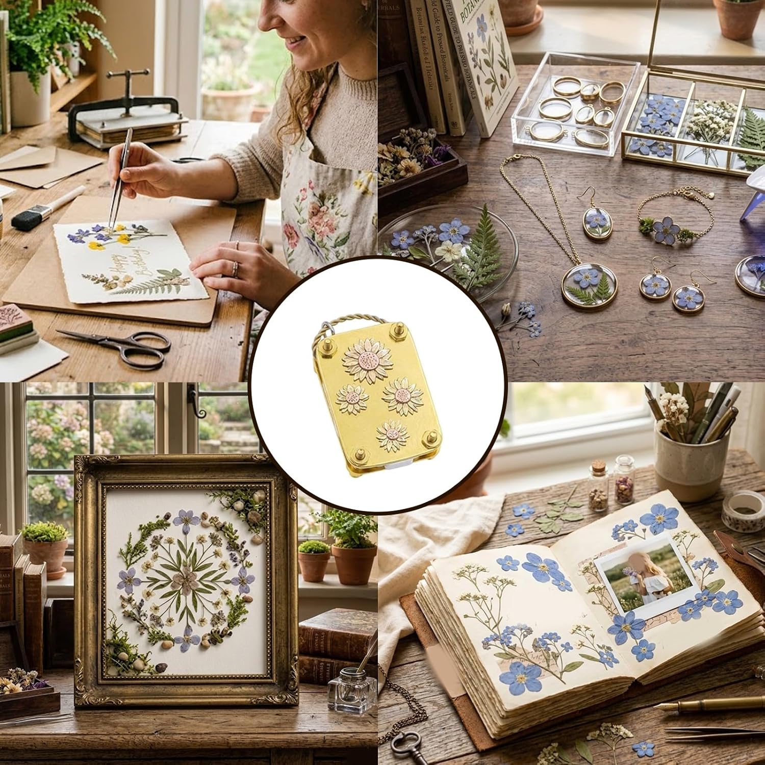 Mini Flower Press Keychain, with Full Micro Flower Press Kit, Metal Portable Miniature Flower Preserving Tool with Secure Straps 20 Reusable Specimen Papers for Scrapbooking (#E,1 PCS)