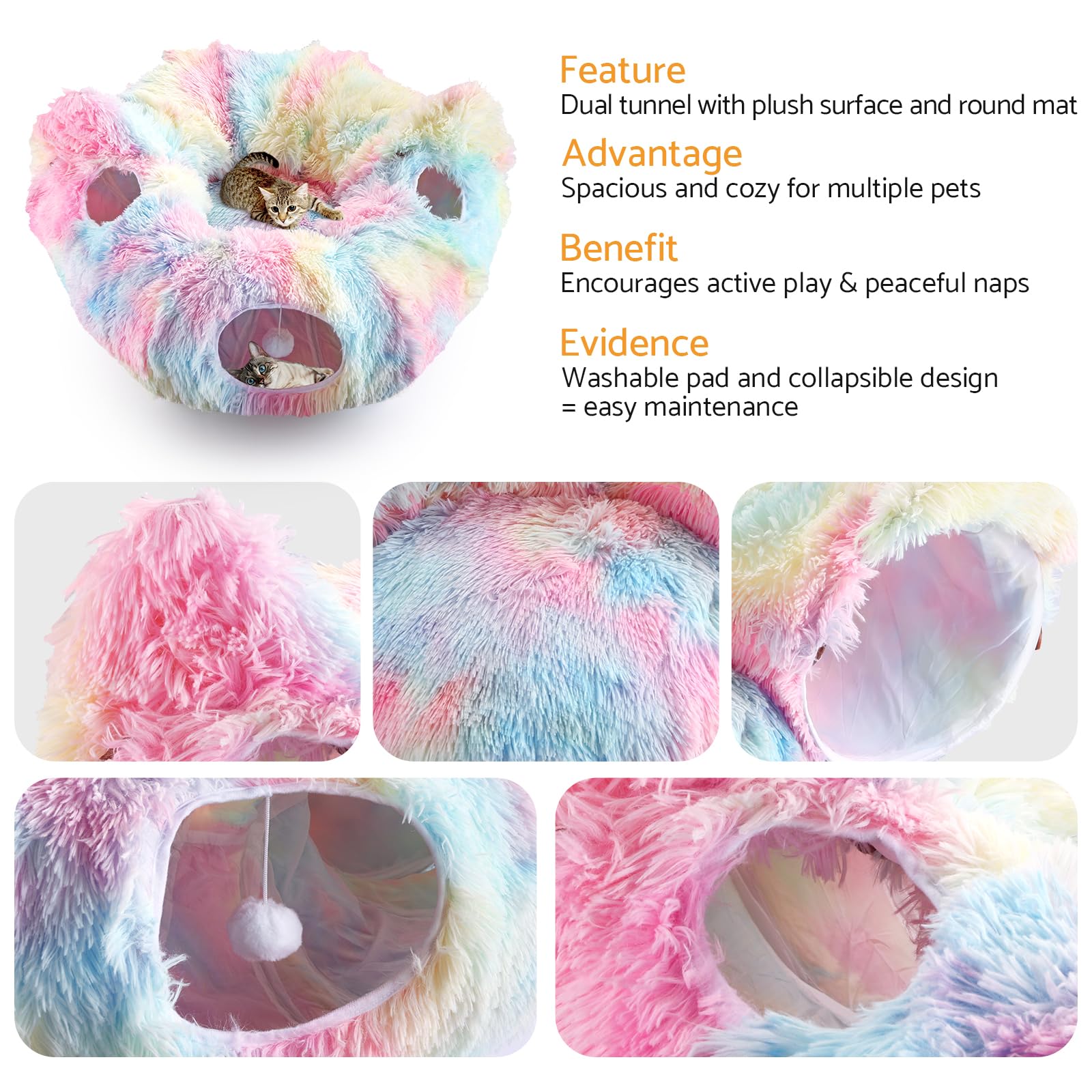 Maxetodo Rainbow Plush Foldable Cat Tunnel with Peek Holes & Washable Mat, Interactive Hideaway Toy for Indoor Cats Kittens - Image 2