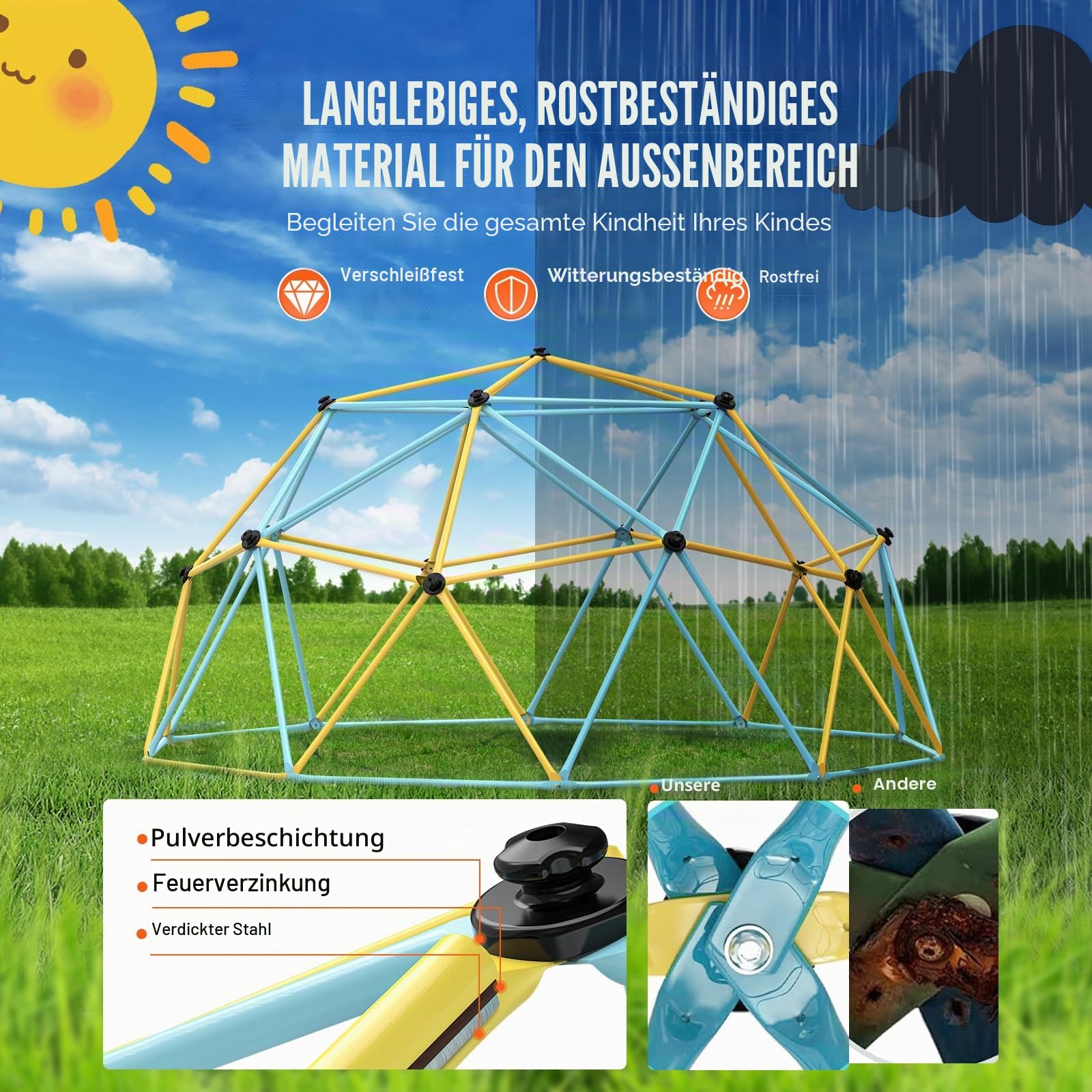 VEVOR Kletterkuppel, 3,05 m hohes geometrisches Kletterkuppel-Spielzentrum für Kinder von 3 bis 10 Jahren, Klettergerüst Tragfähigkeit 340 kg, mit Klettergriff, Spielgerät Garten Hinterhof