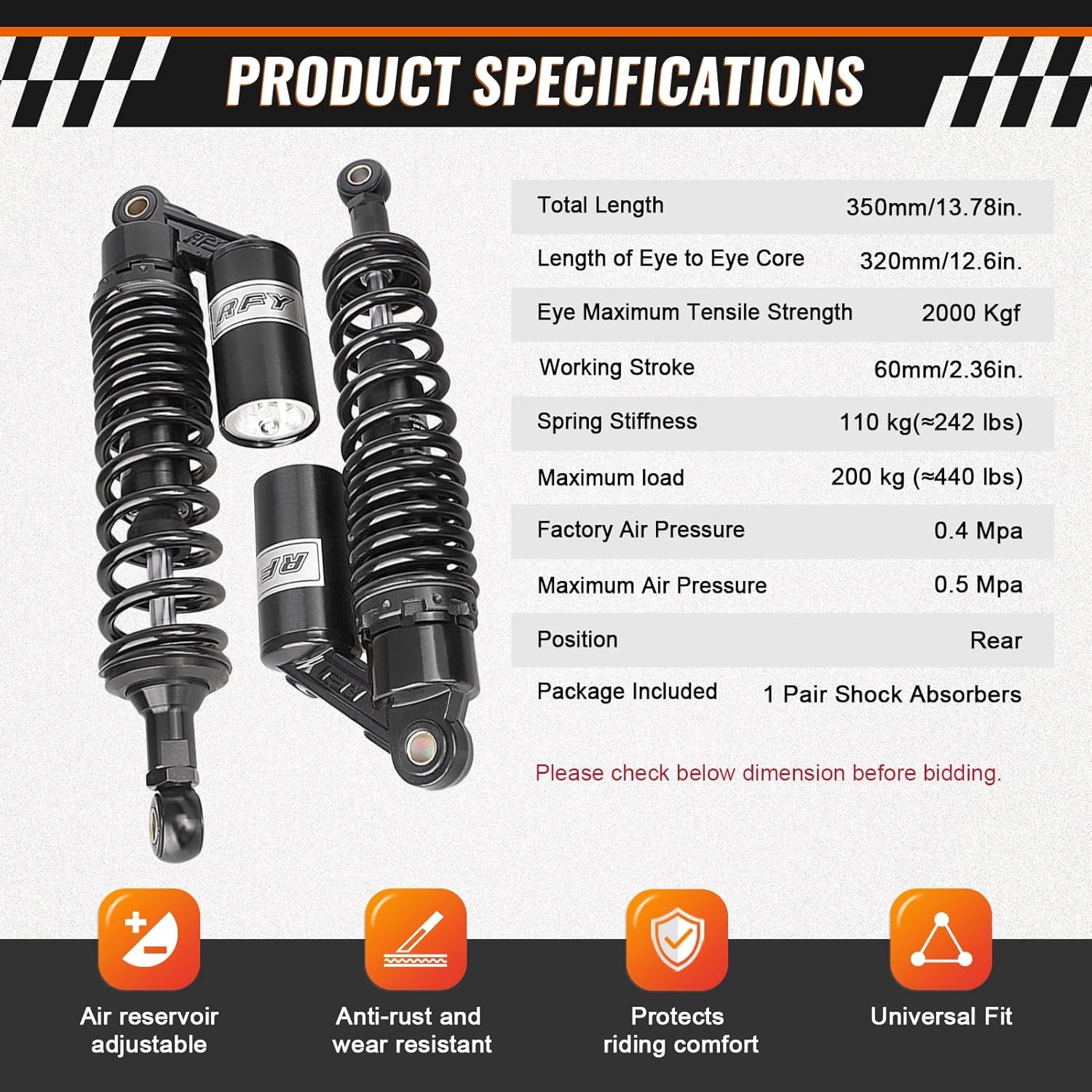 320mm 12.5 pulgada 7mm primavera Amortiguador de aire universal para motocicleta, suspensión trasera, ATV, quad, scooter, bici de la suciedad para CBR600 CBR400 CB500 YZF Negro