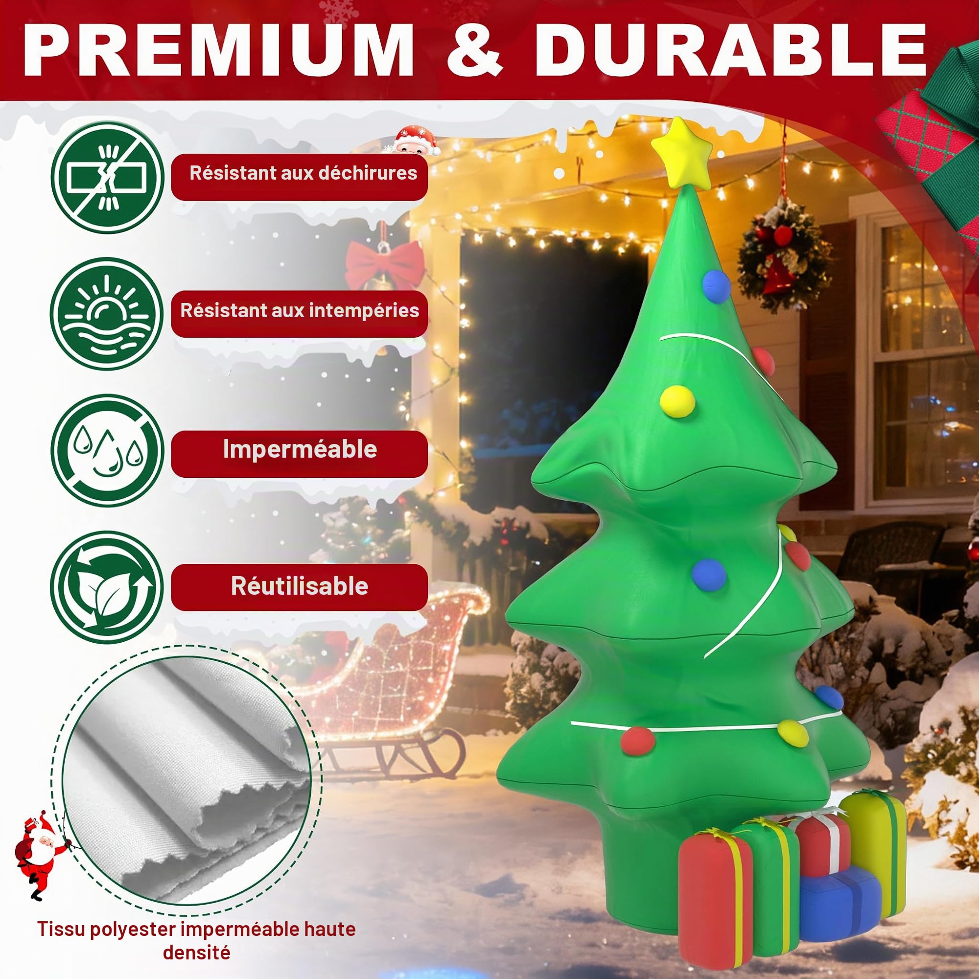 LZQ Décoration de Noël gonflable - 150 cm - LED blanche - Avec cadeau - Figurine de Noël gonflable pour l'extérieur et l'intérieur - Décoration de Noël pour jardin, terrasse, balcon