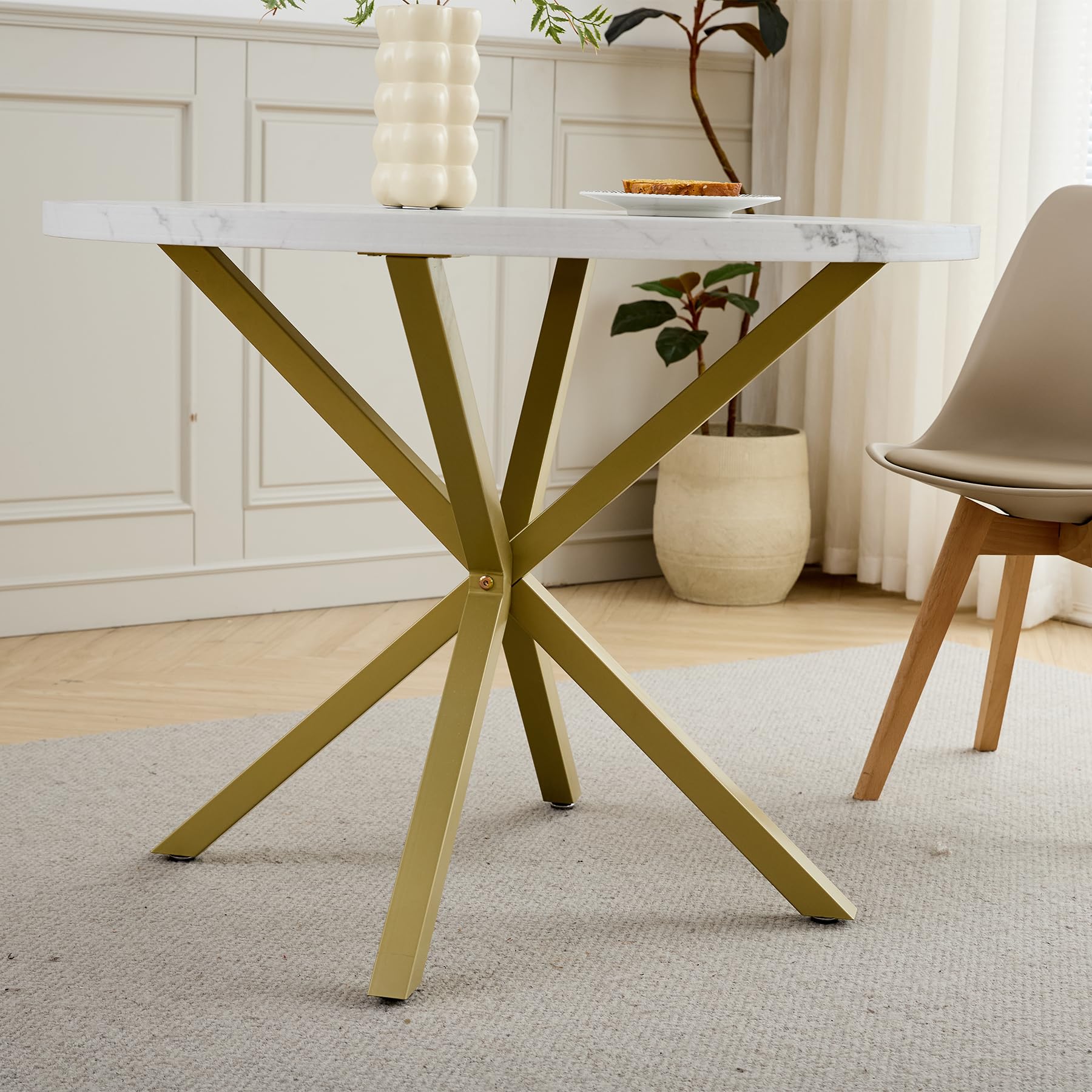 Tavolo da Pranzo Rotondo con Gambe Robuste a Forma di X, 100cm*100cm*76,5cm per Cucina, Piccoli Spazi, Appartamento (bianco)