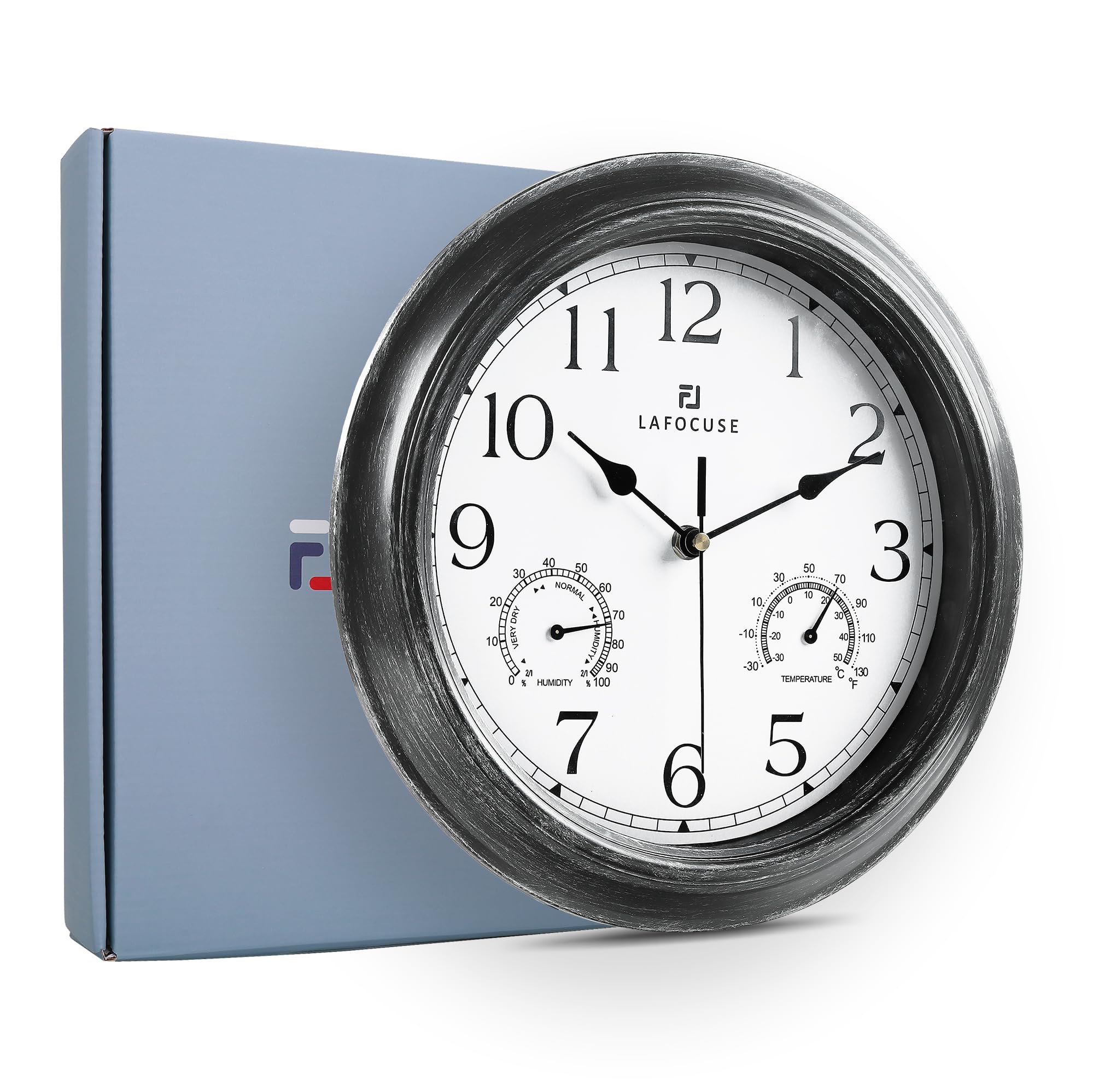 Lafocuse Horloge Murale Exterieure Etanche 30cm avec Thermomètre et Hygromètre Vintage Noir