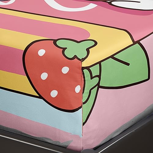 Miniatura 6 de QOOMO Kawaii Bear - Juego de sábanas para niños, tamaño Queen, con bolsillo profundo de 16 pulgadas, diseño de fresa, juego de sábanas impresas de