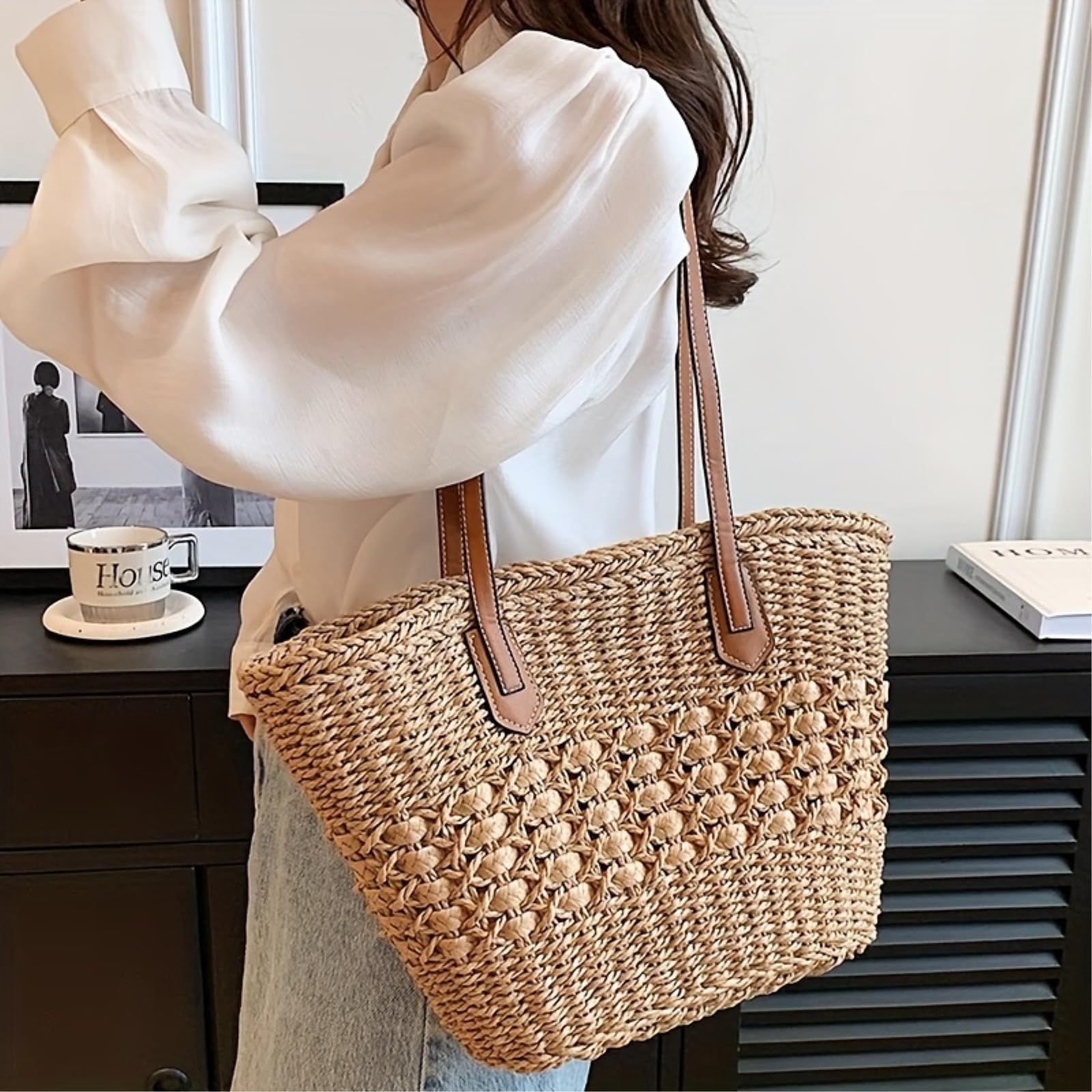 Umhängetasche Bohemia Frauen Schultertaschen Große Kapazität Sommer Korb Strohtasche Für Reise Strandtasche-Khaki