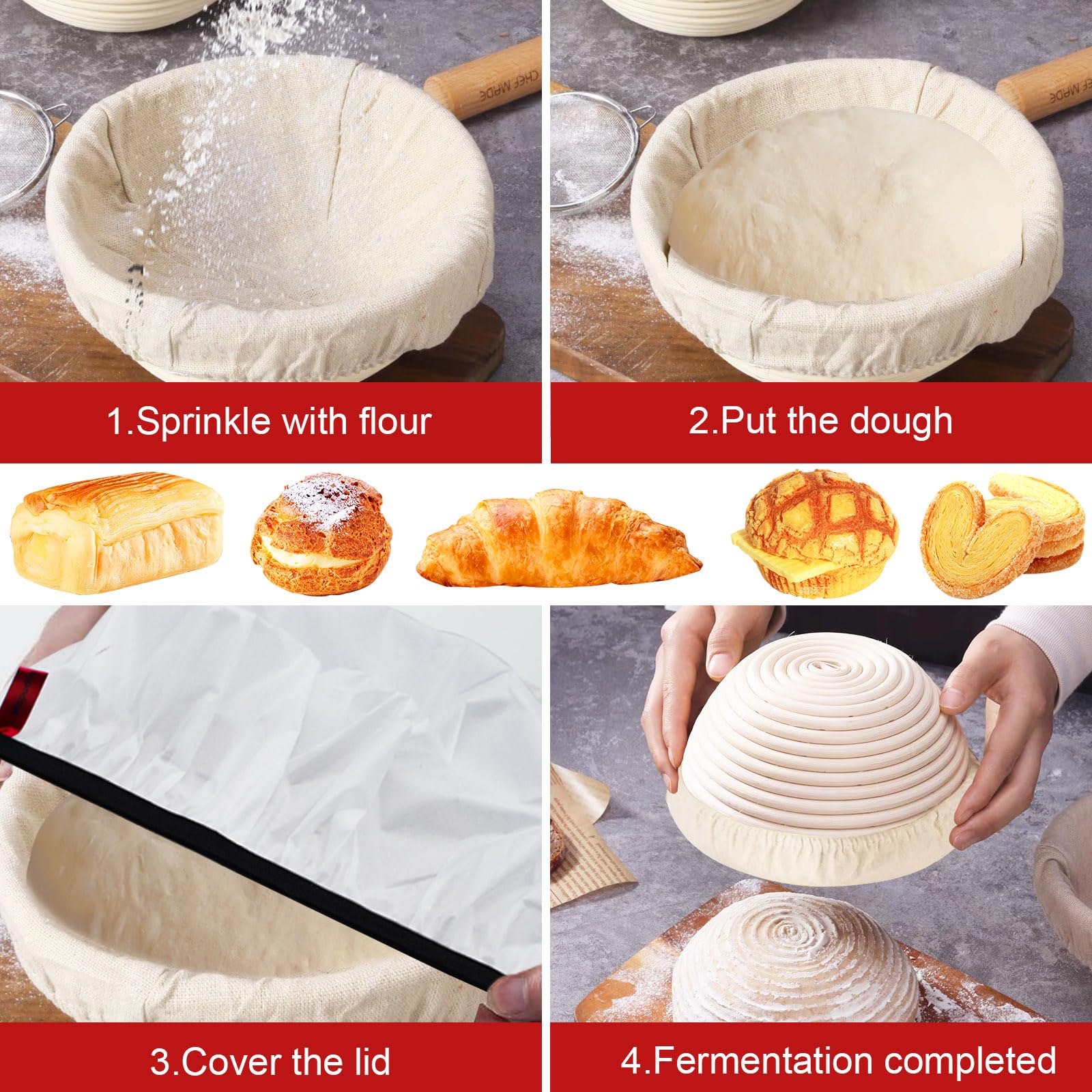 Set Cestini Lievitazione Pane Mispudin - In Lino Con Copertura Per Impasto - Foto 6