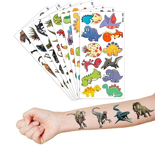 Miniatura 8 de Tatuajes temporales de dinosaurios, suministros de fiesta temática de cumpleaños, 8 hojas, 96 unidades, calcomanías de decoración, tatuajes para