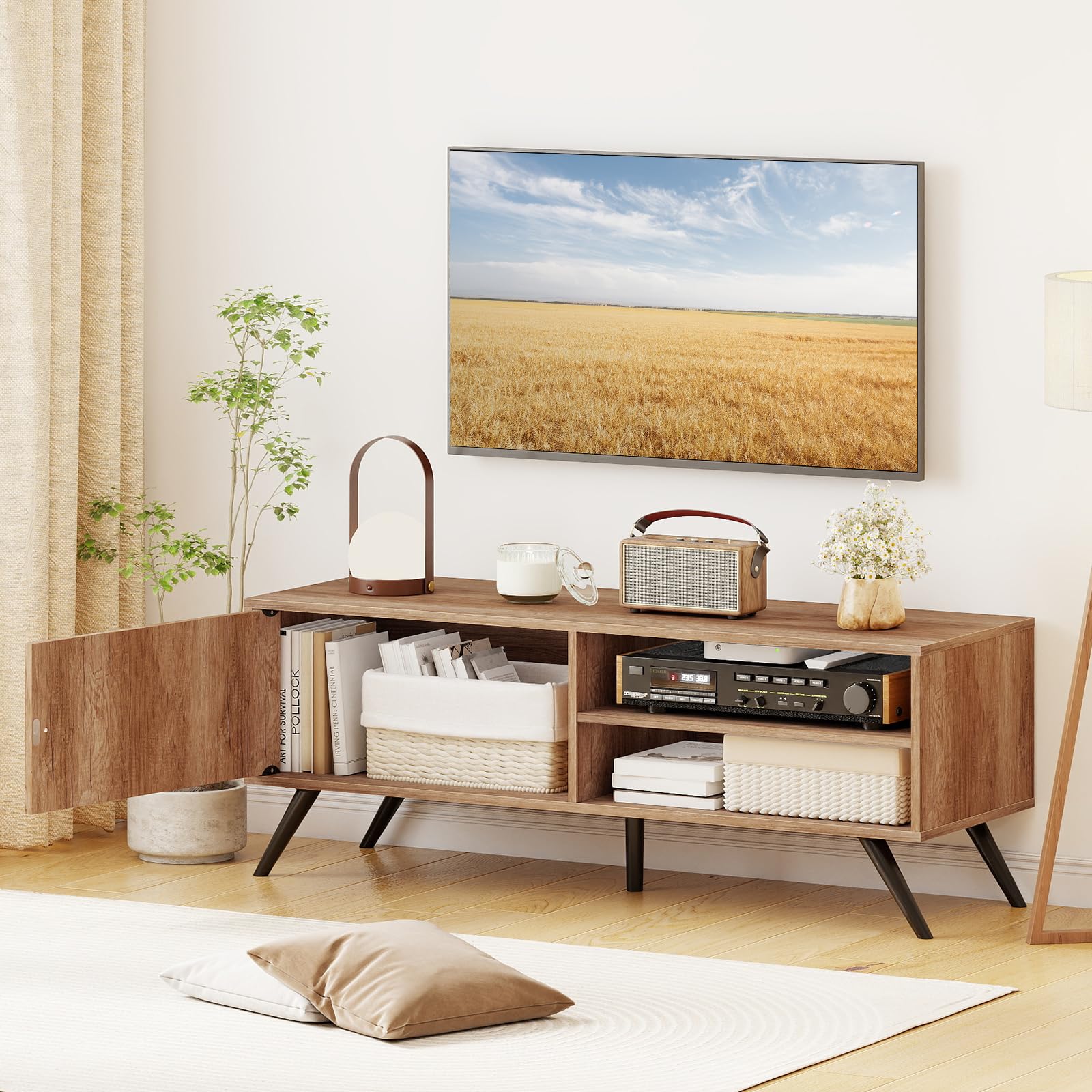 COSTWAY Mobile Porta TV in Legno, Fino a 55 Pollici, Mobile TV Soggiorno | Stand Videogiochi e DVD con 1 Anta, 2 Scomparti e Passacavi, per Camera da Letto, Soggiorno, 120 x 40 x 44,5 cm