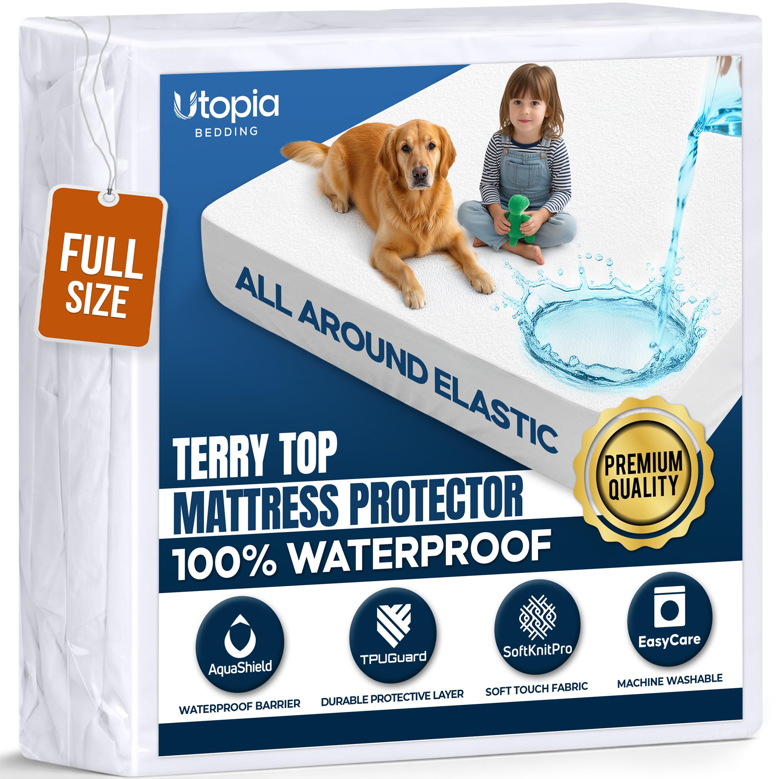 Waterproof Full Size Mattress Protector fits Upto 15" deep Mattresses | Utopia Bedding 200 GSM Soft & Breathable Mattress Cover, Dirt-Proof, Noiseless, Machine Washable Fitted Sheet Style, White