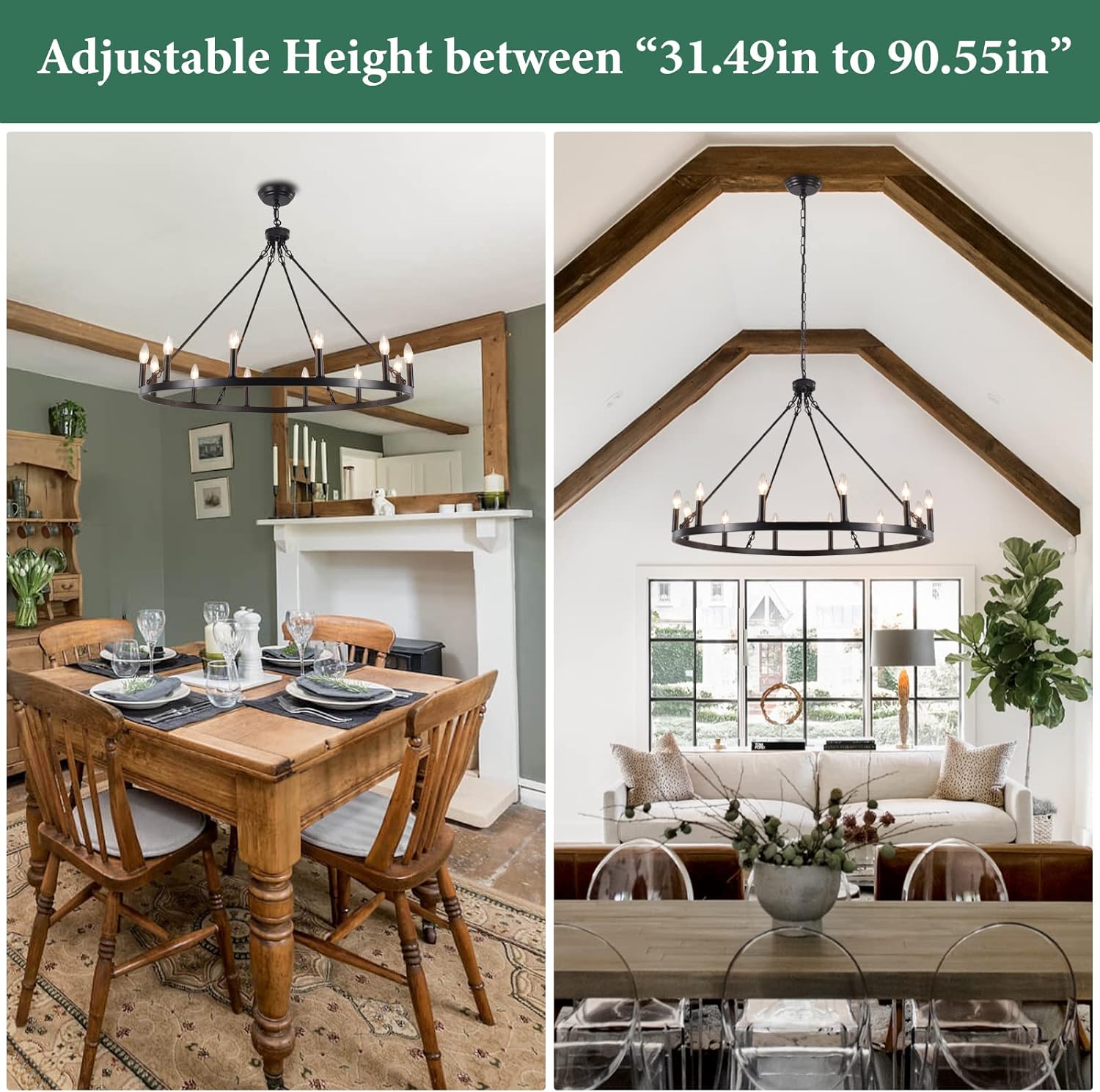 Black Metal 12-Light Candle Wagon Wheel Chandelier