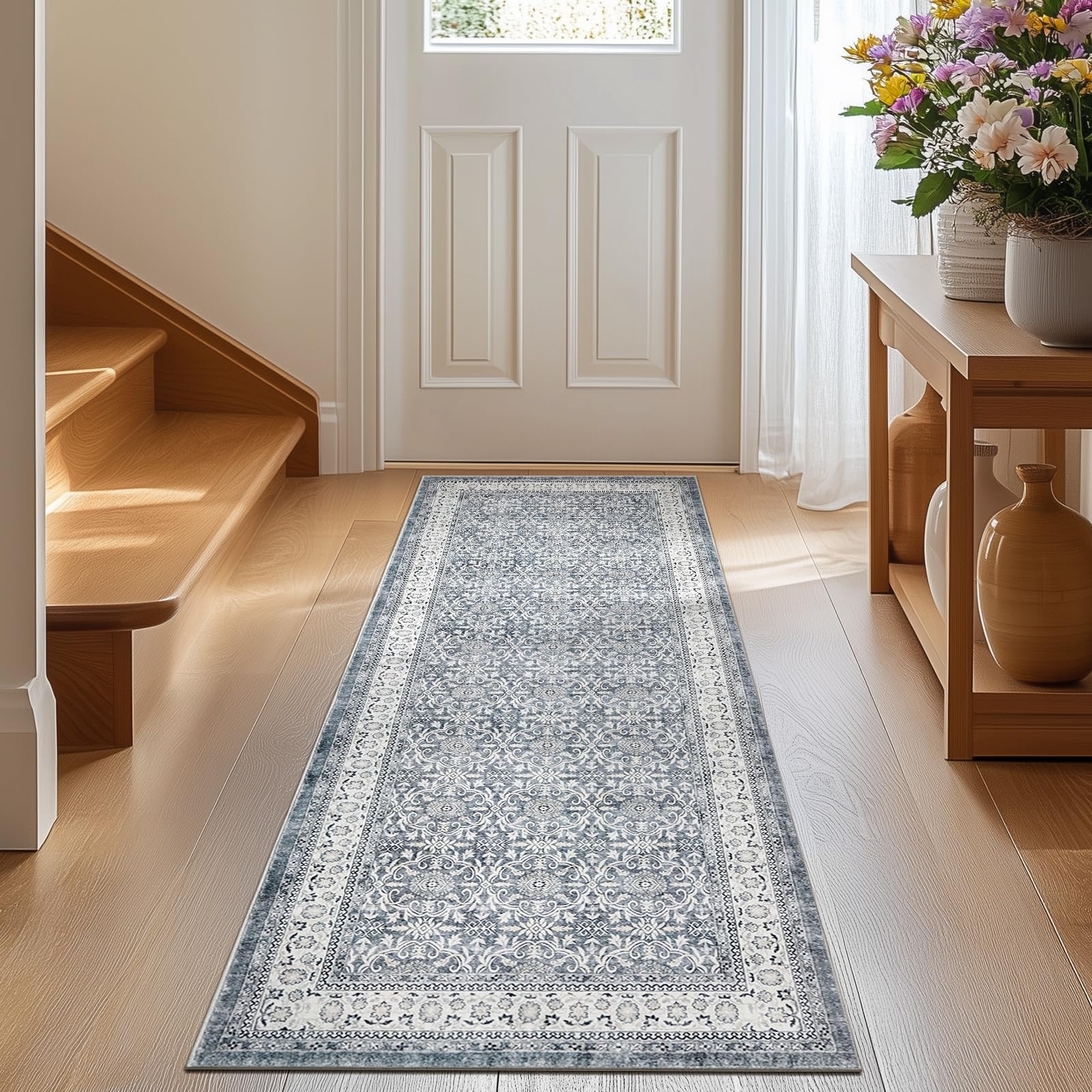 jinchan Runner Rug 2x6 - Machine Washable Grey Vintage Floral Distressed Design Soft Non-Slip Low-Pile Ultra-Thin Runner Rug for Kitchen Hallway