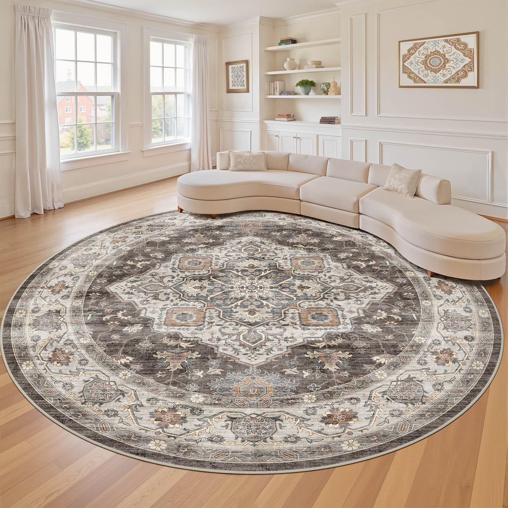 LOONGRUG Round Rug 10x10 Washable Vintage Boho Living Room Rug Grey Brown
