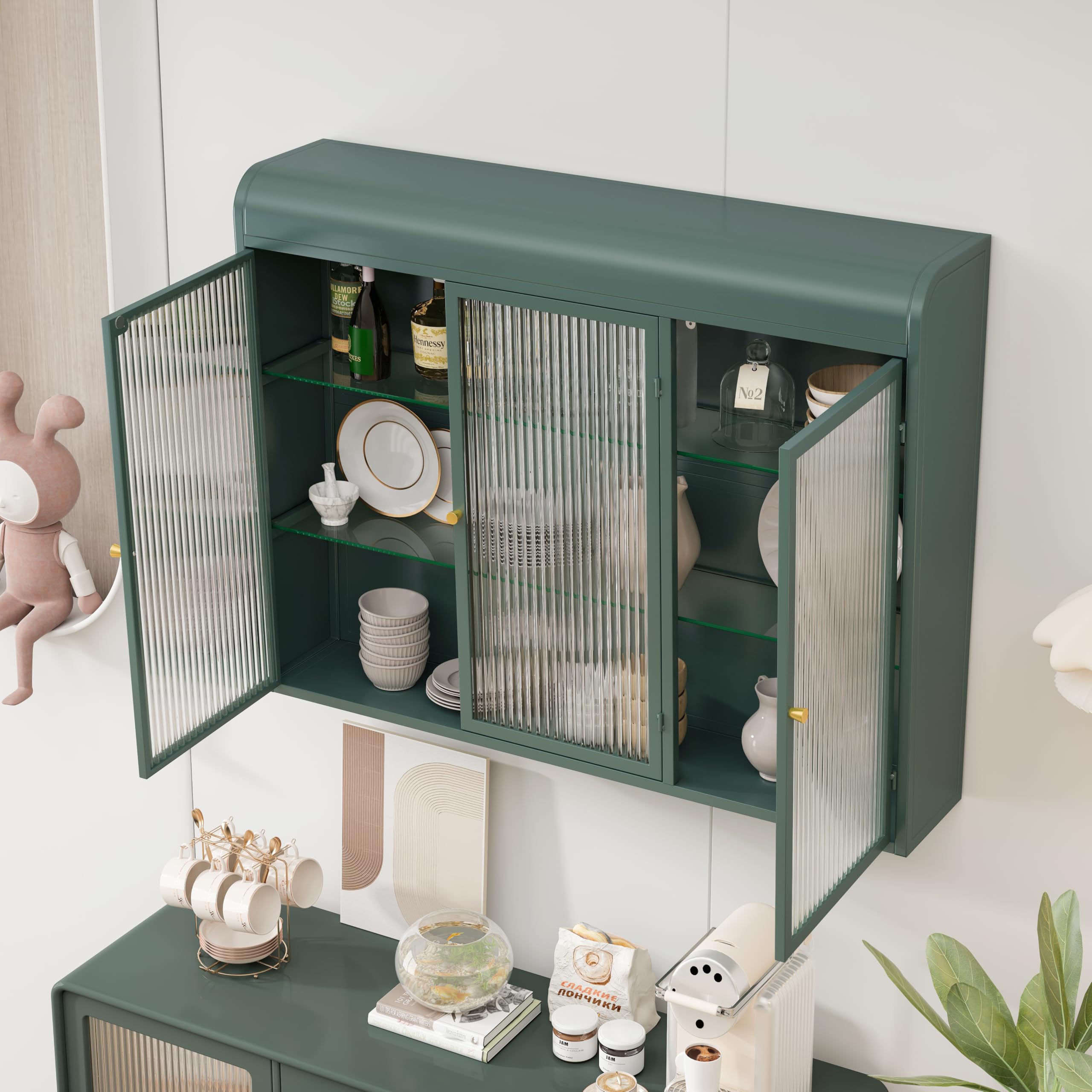 Armadio da cucina con 3 ante in vetro, vetrina sospesa a forma di arco, pensile per cucina, soggiorno e bagno (verde scuro)