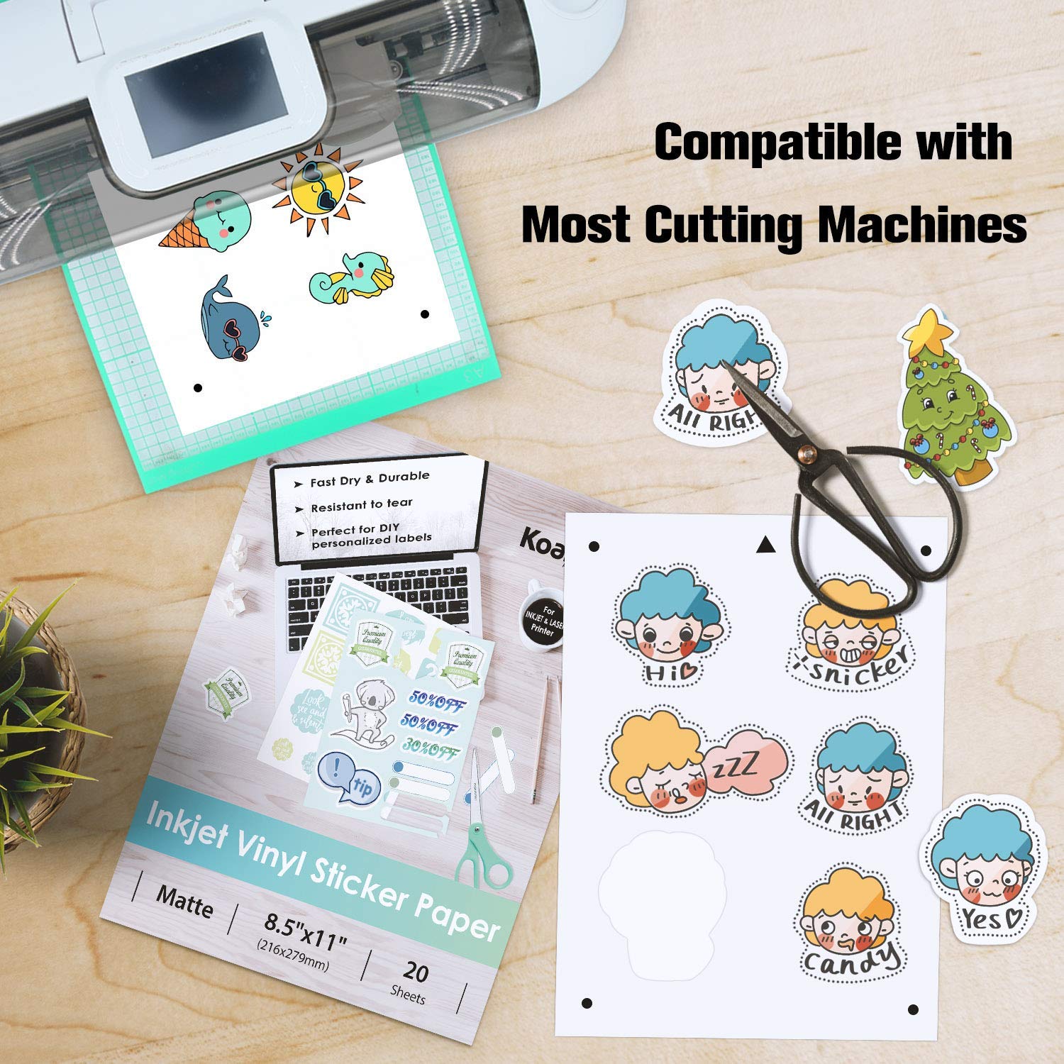 Koala Printable Vinyl Sticker Paper for Inkjet Printer 20 Sheets Matte White Waterproof Decal