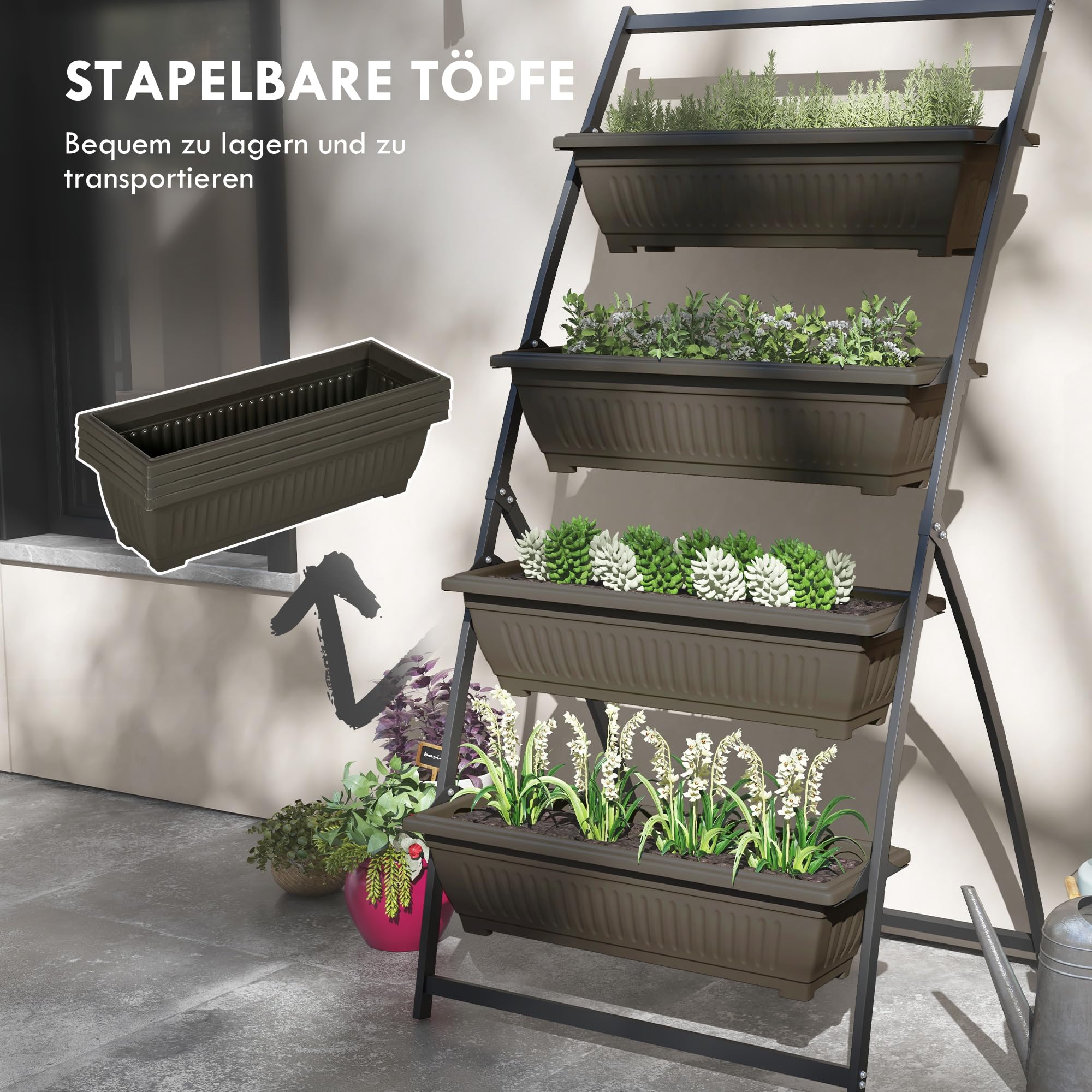 Outsunny Pflanzenständer Pflanzentreppe 4 Etagen Braun 76 x 79 x 162 cm | Pflanzenregal mit Löchern, Blumenregal für Garten, Stahl