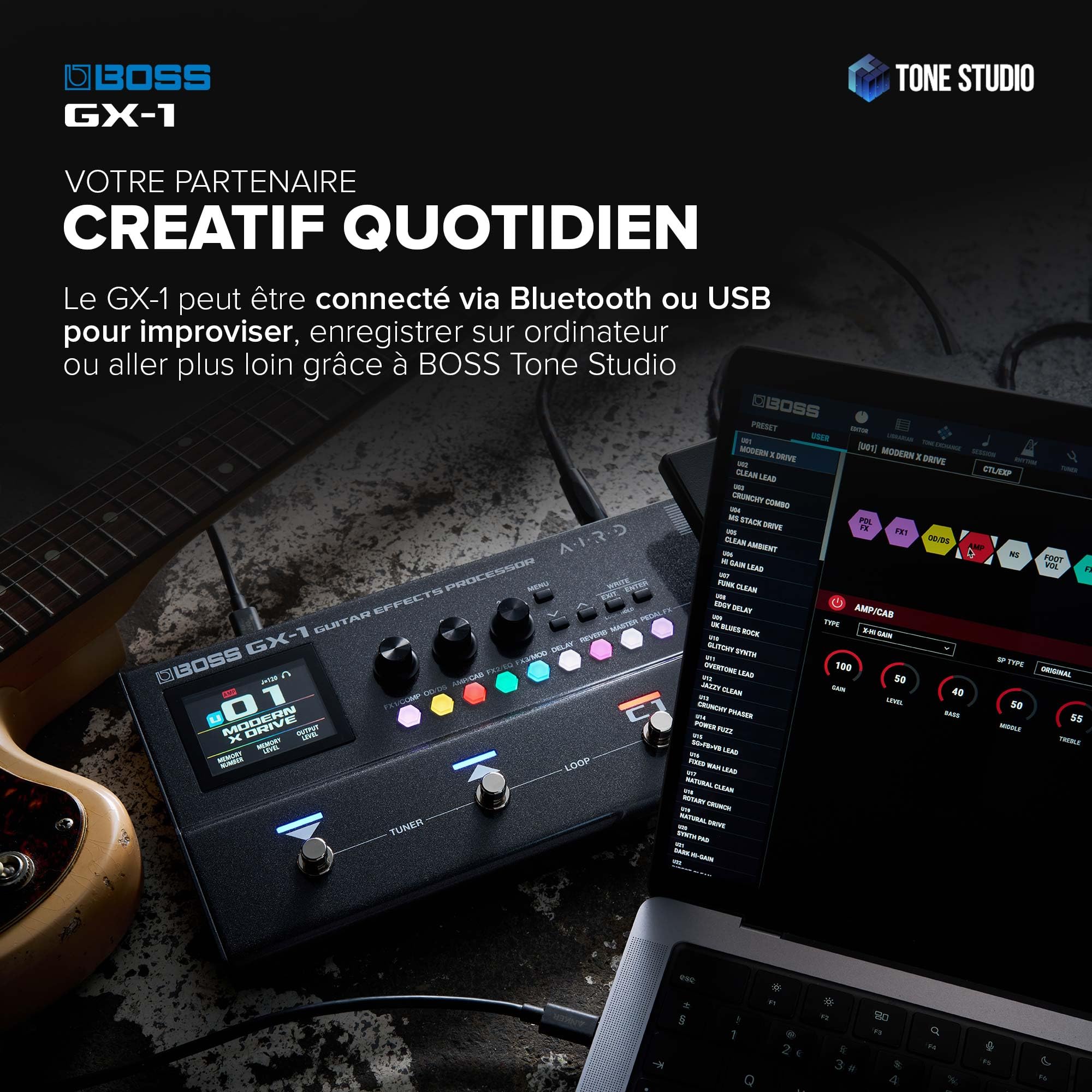 BOSS GX-1 | Processeur d'effets ultra portable pour guitare | Nombreux amplis et effets iconiques | Générateur de sons AIRD premium | Idéal pour guitaristes débutants | Connectivité Bluetooth