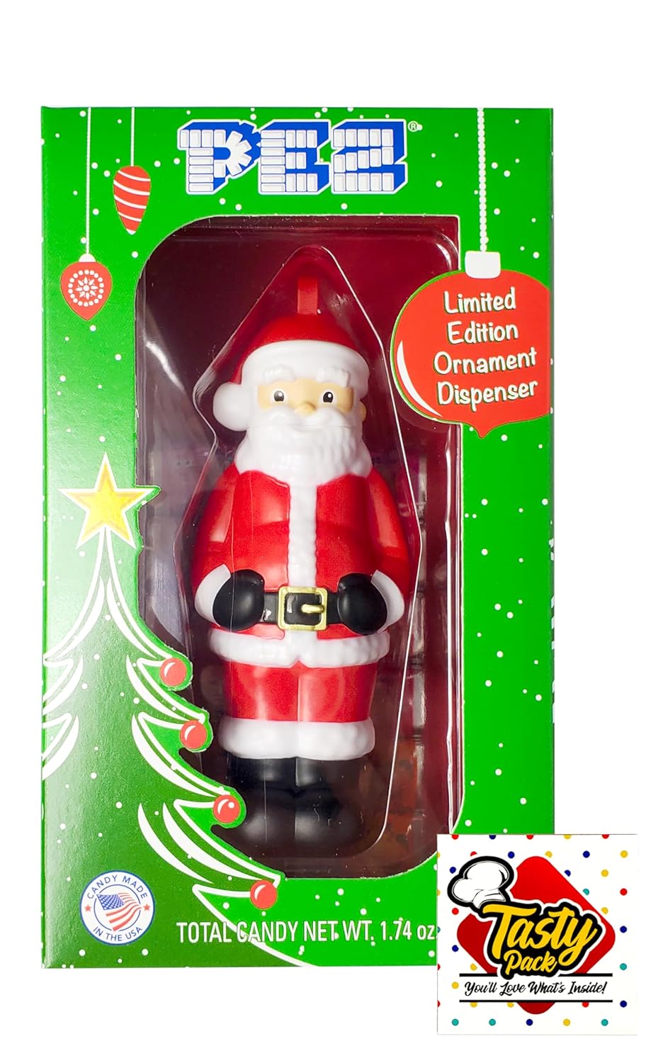 Santa Claus Pez Candy Christmas Tree Ornament Dispenser Holiday Gift Box with 6 Refill Pez Mixed Fruit Candy Rolls & TastyPack Magnet