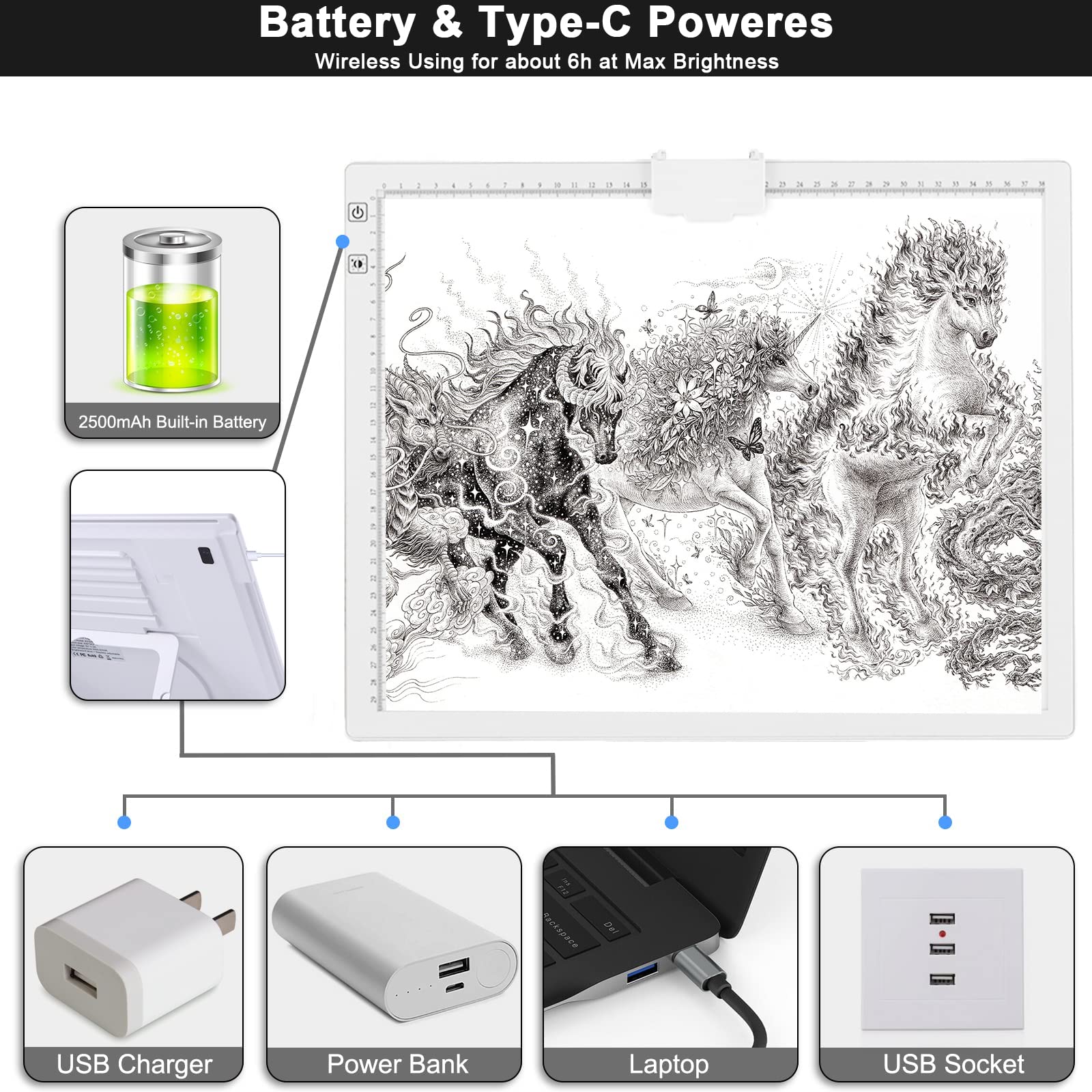LED Tavoletta Luminosa A3 3000-6500K Dimmerabile, 2500 mAh Ricaricabile Tavola Luminosa Disegno Lavagna Luminosa per Pittura Diamante, Disegno, Pittura, Schizzi, con Borsa per Il Trasporto