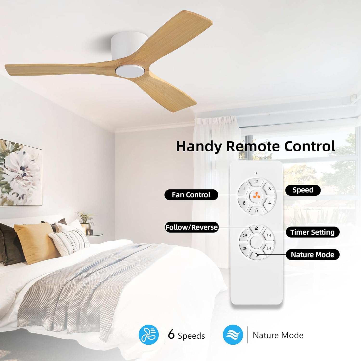 WINGBO 48 Inch Flush Mount DC Ceiling Fan without Lights, 3 Carved Wood Blades, 6-Speed Noiseless Reversible DC Motor, Hugger Ceiling Fan No Lights in White Finish with Oak Blades, ETL Listed