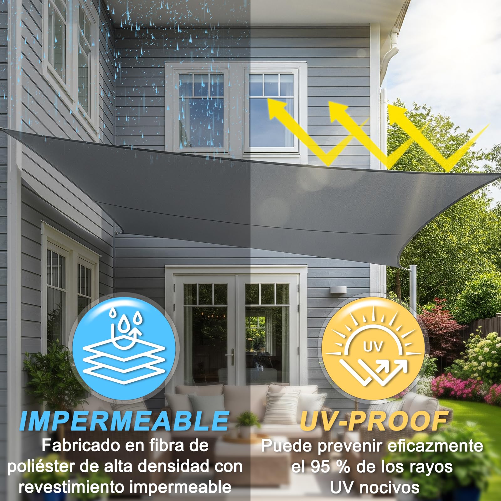 Sunnylaxx Toldo Vela de Sombra Rectangular 3x3m Impermeable Toldos Exterior Terraza,Oxford 420D Protección Rayos UV para Exteriores, Pergola, Patio,Jardín,Terrazas-Antracita