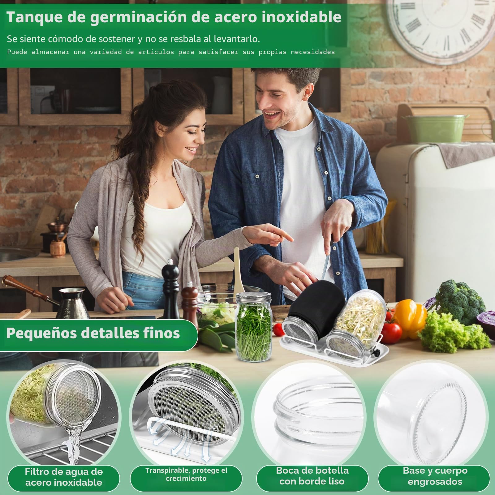Kit de Tarros de Germinación Brote de Semilla, con 2 1000ml Frascos de Vidrio, 2 Soporte, 1 Bandeja,2 Filtros de Acero Inoxidable, 2 Tela de Sombreado y Cepillo, Germinador de Semillas