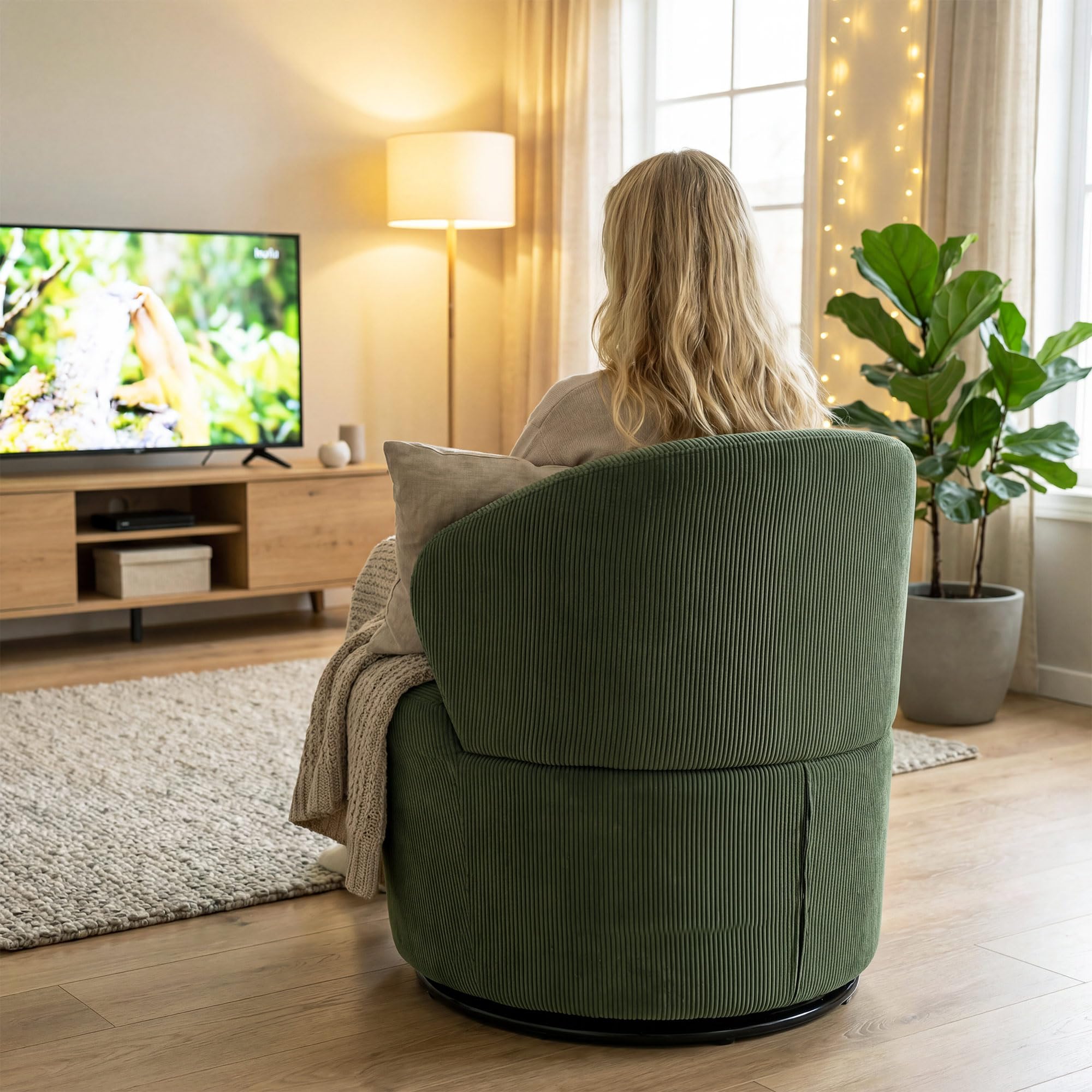 HOMCOM Sessel Drehbar Loungesessel mit Breitem Sitz Moderner Polstersessel mit Geschwungene Rückenlehne und Dicker Polsterung Relaxsessel mit Cord-Optik für Wohnzimmer, Schlafzimmer, Grün