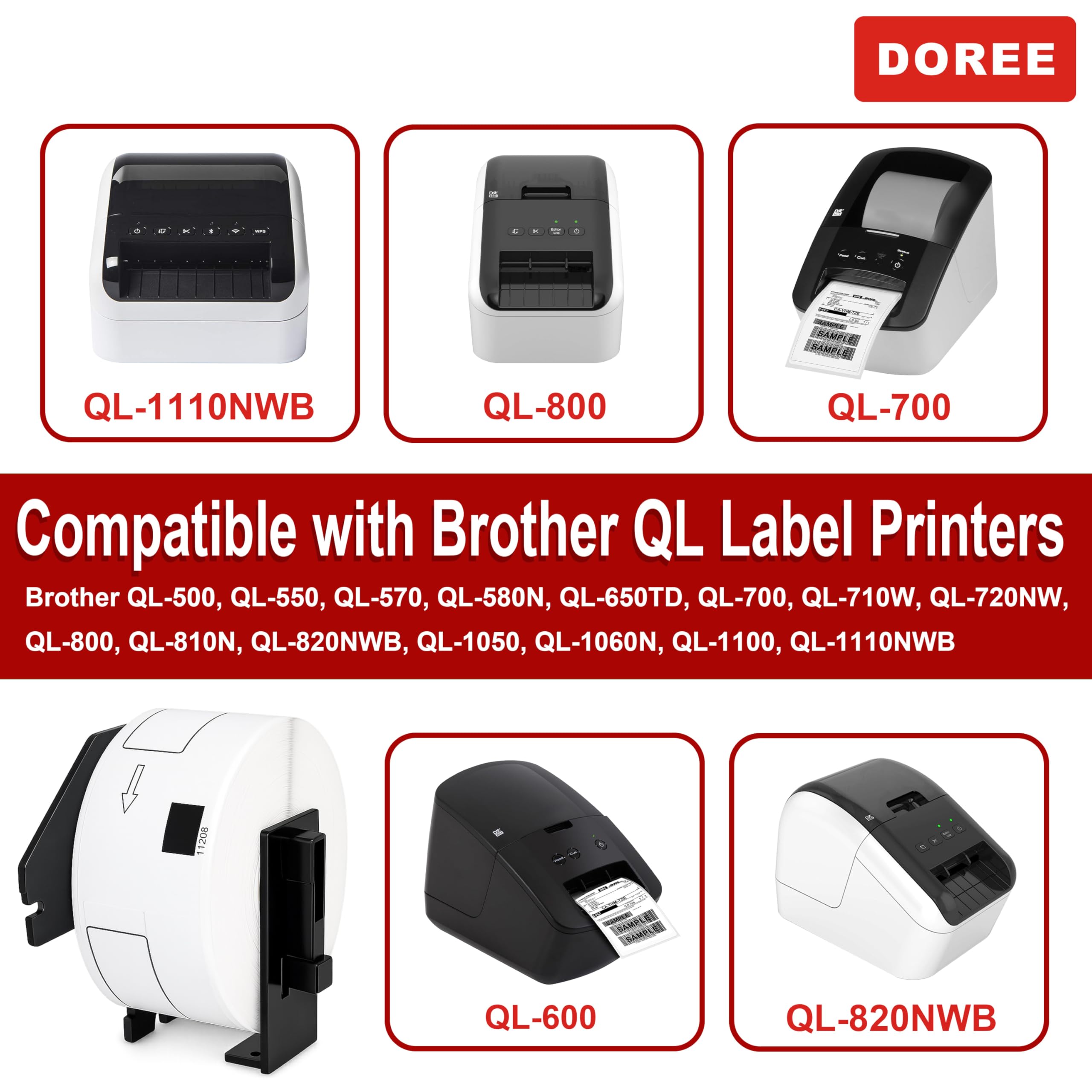 DOREE 5 Rouleaux DK-11208 Étiquettes d’Adresse, compatibles avec Brother DK-11208, 38 x 90mm, Pour imprimantes d’étiquettes Brother QL-500,QL-570,QL-700,QL-800,QL-1050,QL-1100(400 étiquettes/rouleau)