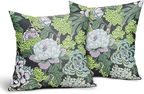 Juego de 2 fundas de almohada florales de color blanco y verde turquesa de 18 x 18 pulgadas, fundas de almohada decorativas de lino para