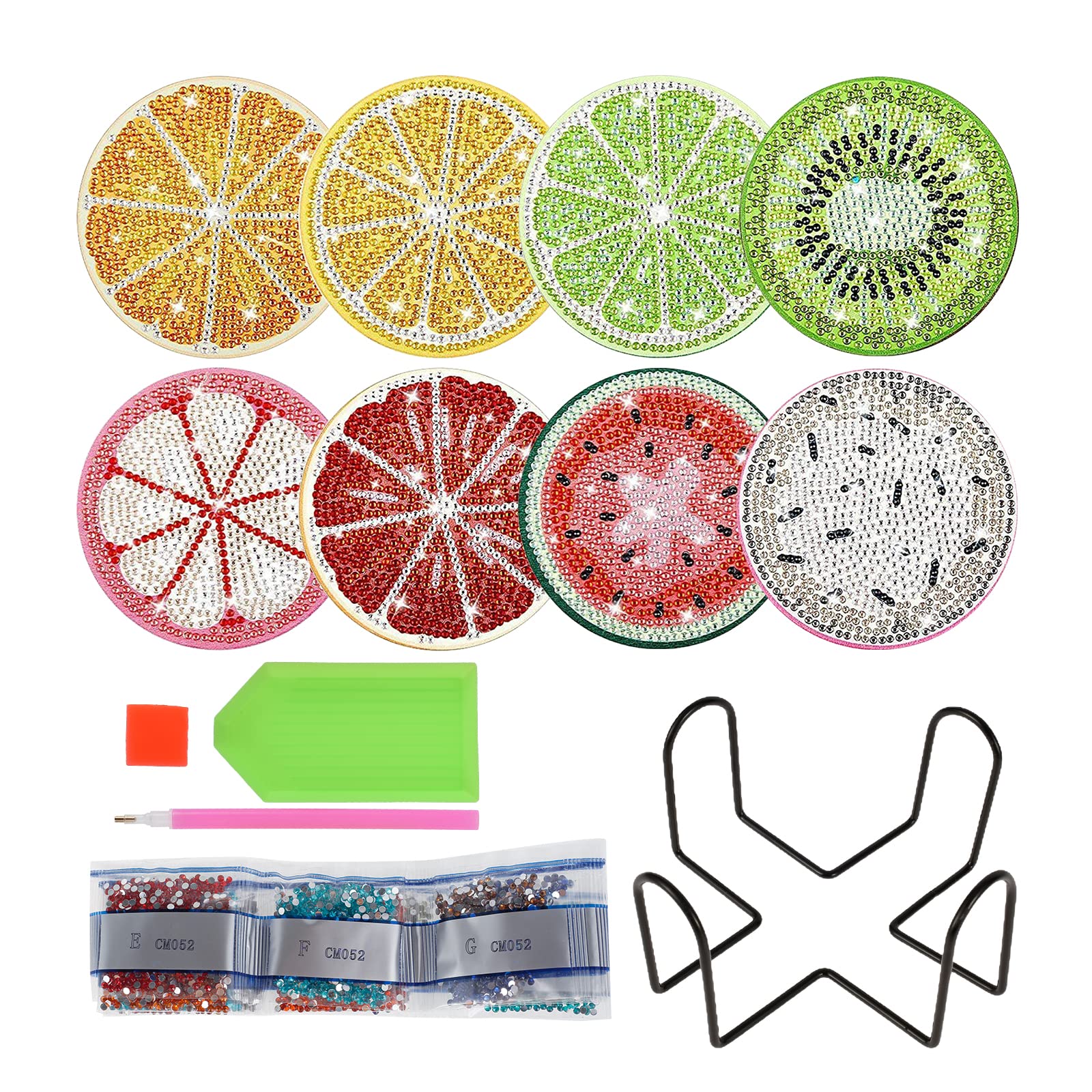 13Pcs Diamond Painting Coasters Kit Decorative Fruit Pattern Diamond Art Coasters Kits with Holder Round Small Tabletop Protection DIY Coater Craft for Table Office Decor DIY Gift